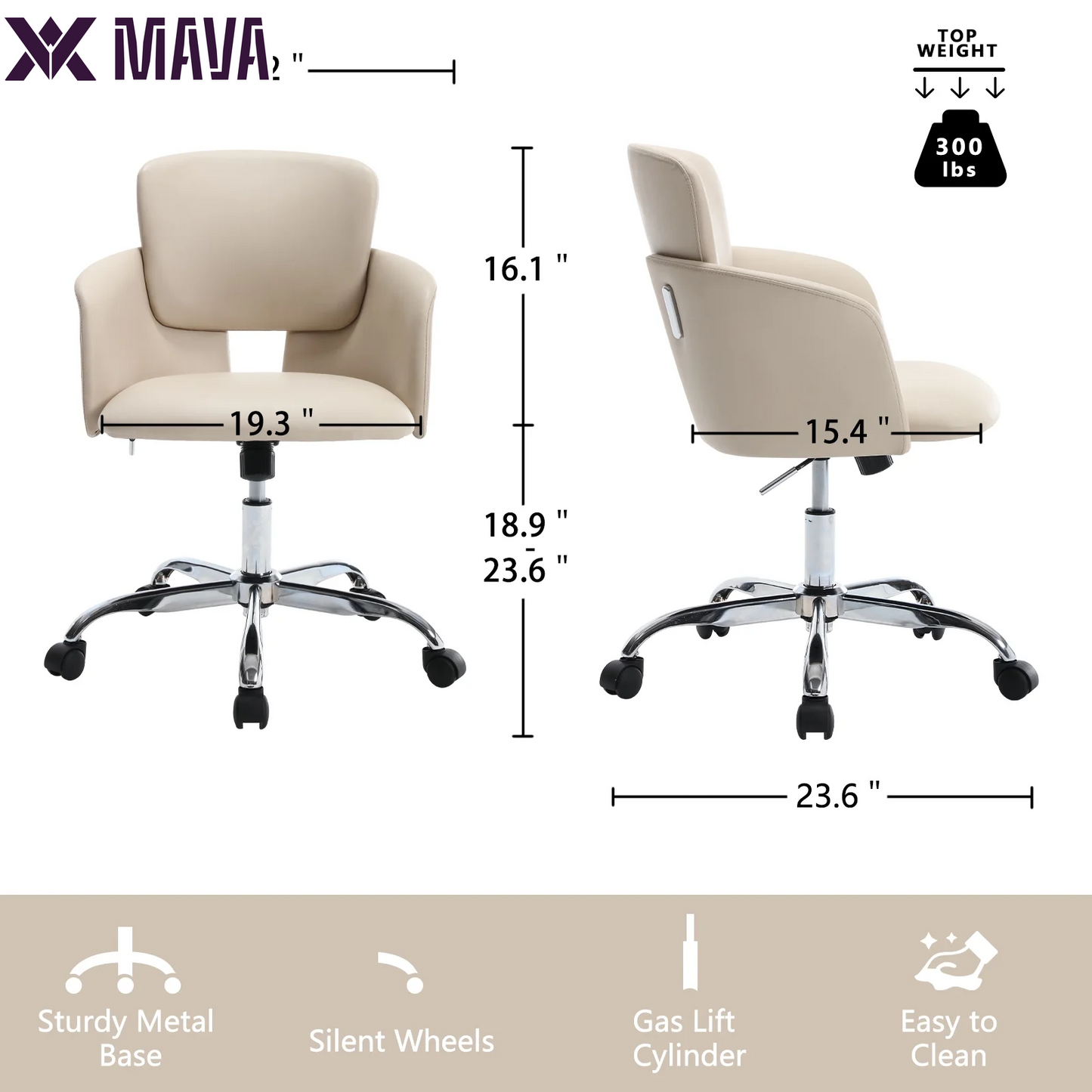 MAVA Office Chair, Ergonomic Home Office Chair, PU Leather Upholstered Computer Chair with Wheels & Adjustable Height, Modern Desk Chair Swivel Arm Chairs for Living Room Bedroom Office, Beige