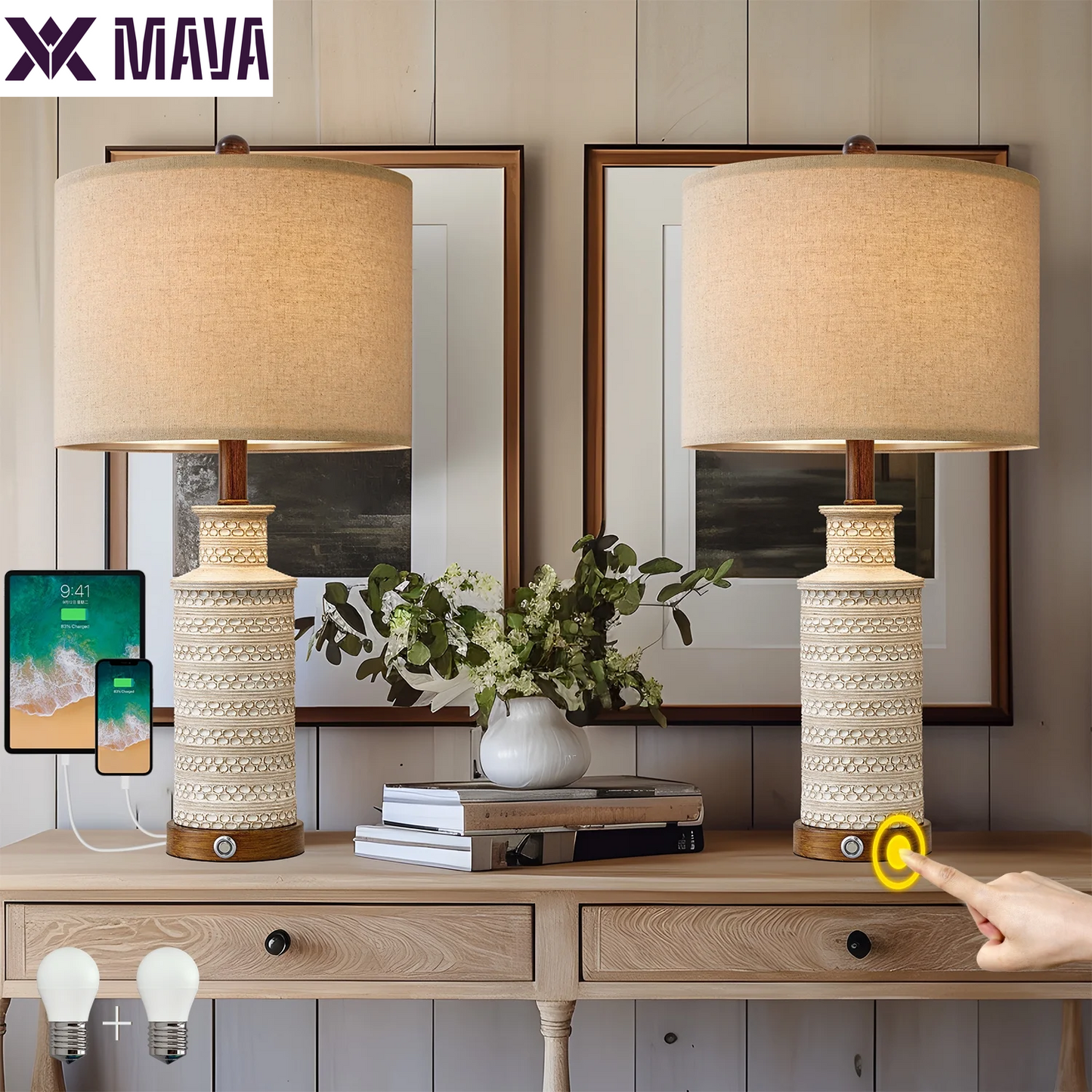 MAVA Dimmable Table Lamp Set of 2 with USB Ports for Bedroom Living Room 24.5"