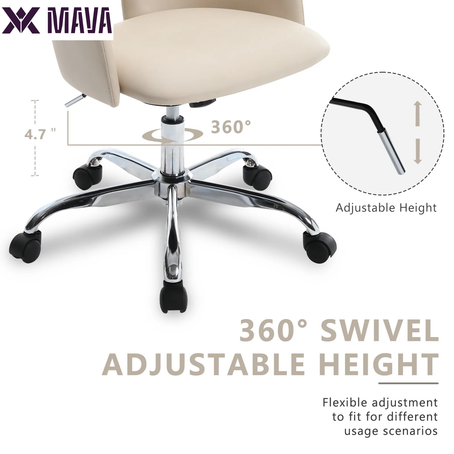 MAVA Office Chair, Ergonomic Home Office Chair, PU Leather Upholstered Computer Chair with Wheels & Adjustable Height, Modern Desk Chair Swivel Arm Chairs for Living Room Bedroom Office, Beige