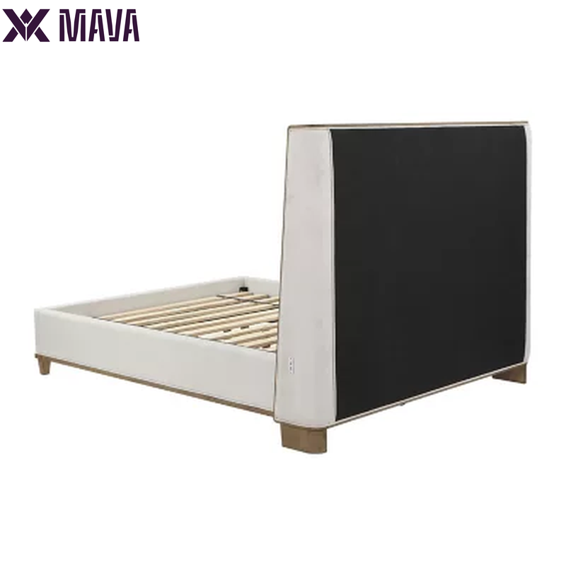 MAVA Beige Fabric Upholstery and Wood Queen Size Bed Frame