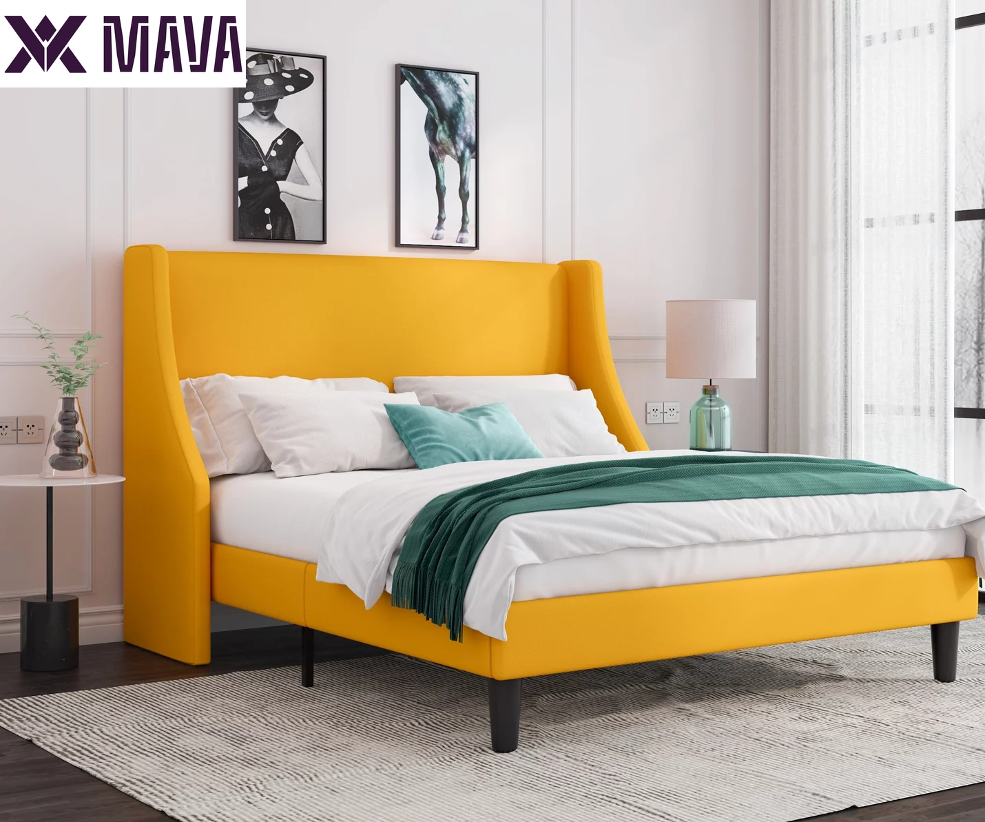 MAVA Queen Size Fabric Upholstered Platform Bed Frame with Wingback Headboard, Light Grey