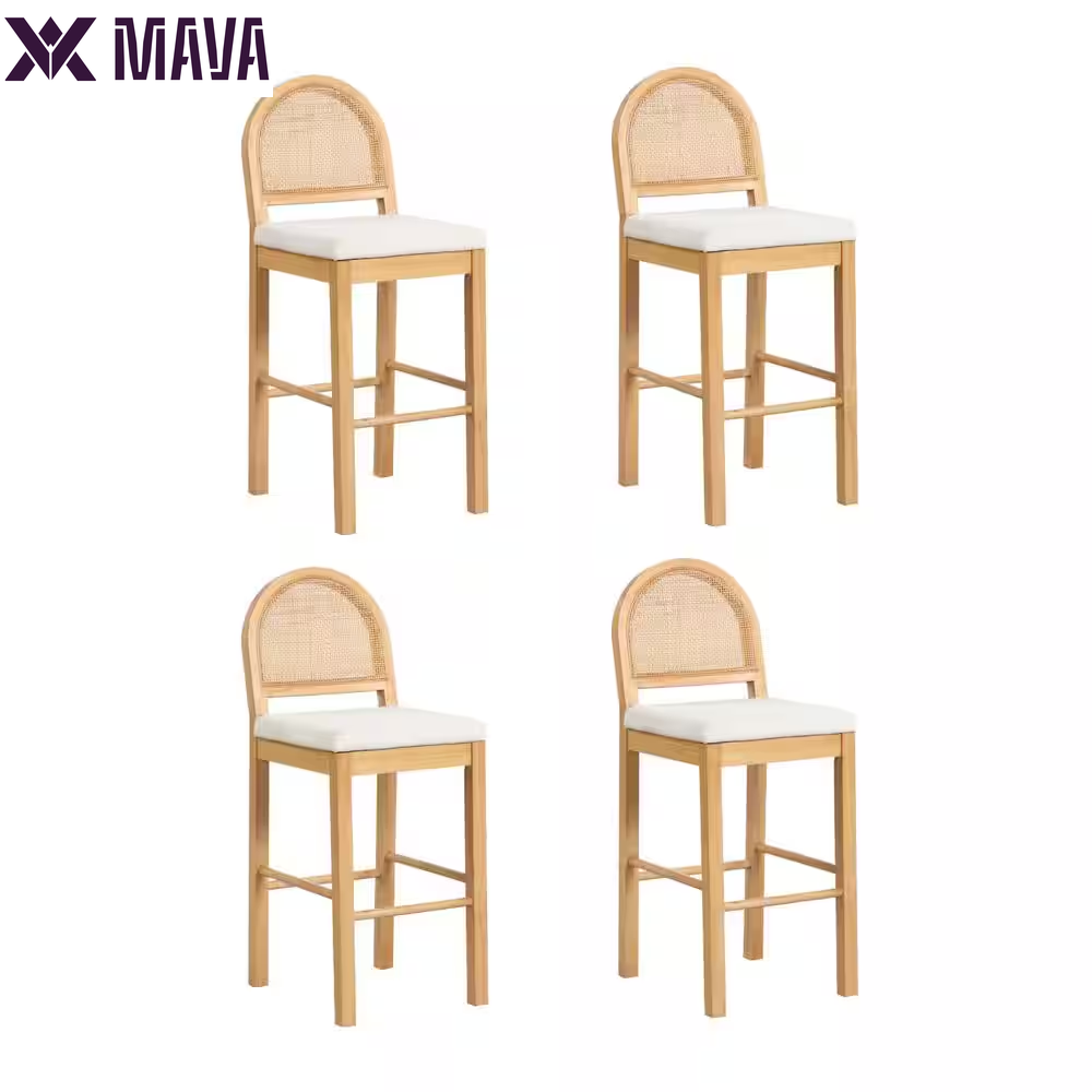 MAVA 19 In. Light Brown Natural Woven Rattan Back and Solid Wood, Legs Dining Chair with Padded Seat