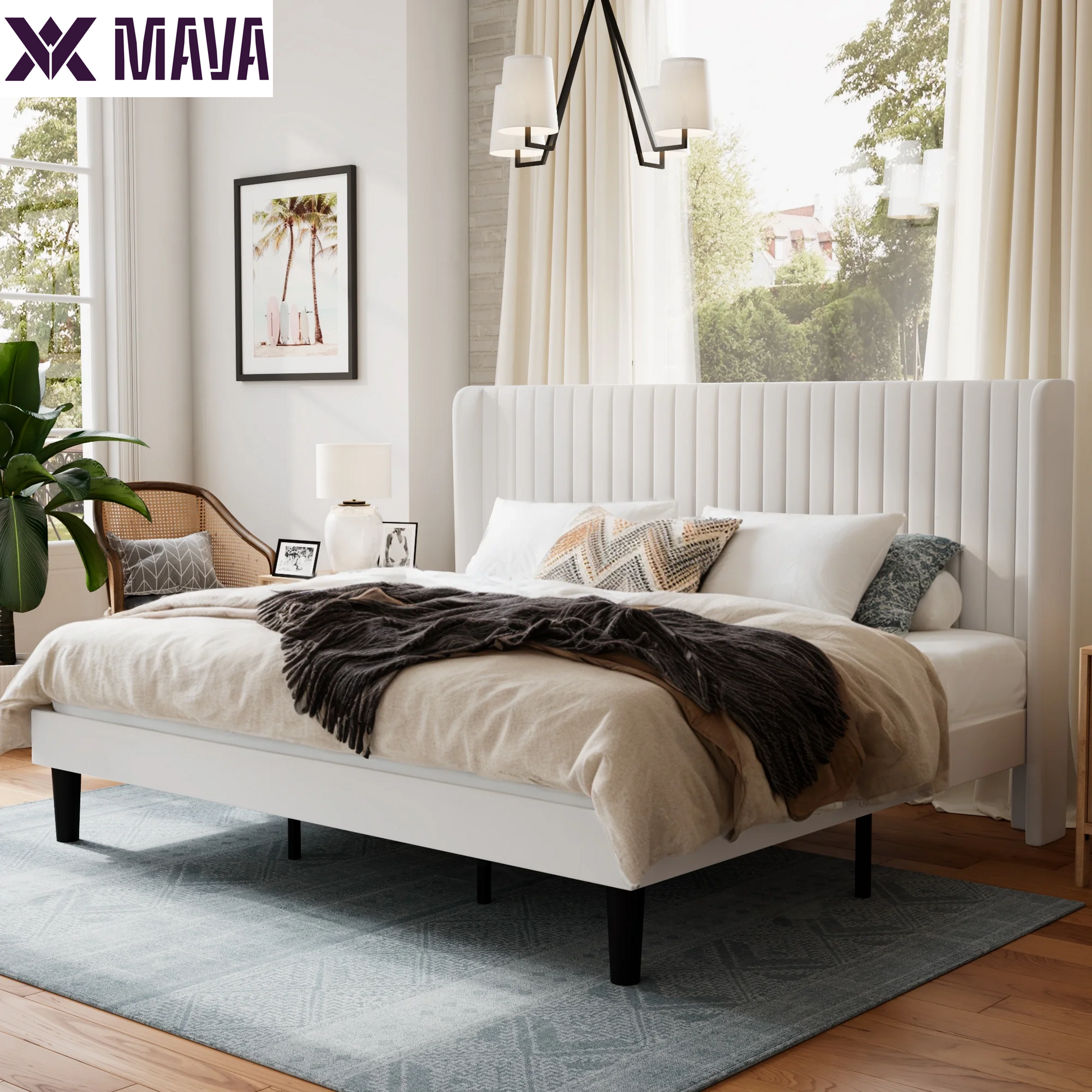 MAVA Queen Size Upholstered Platform Bed Frame with Velvet Channel Wingback Headboard, off White