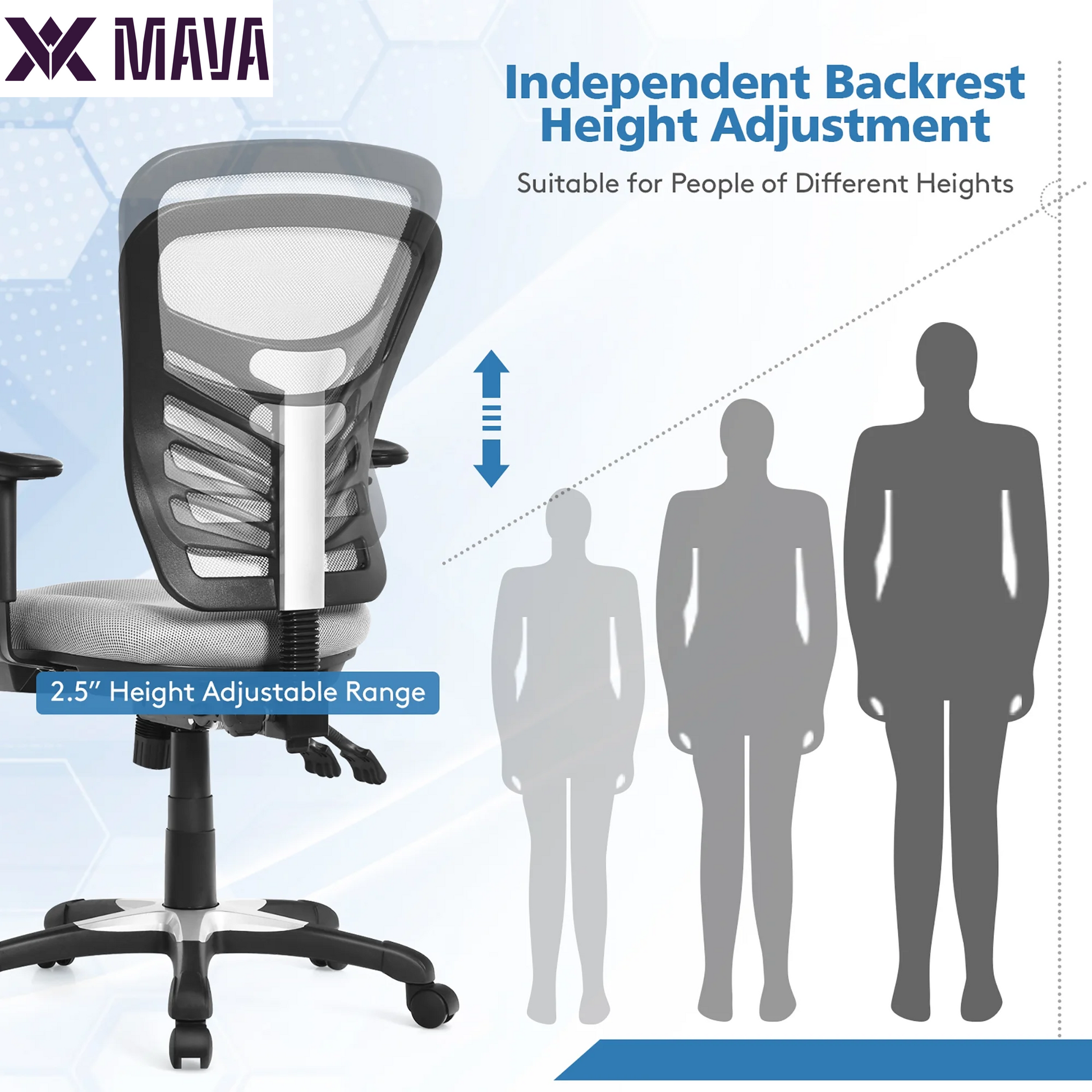 MAVA Mesh Office Chair 3-Paddle Computer Desk Chair W/ Adjustable Seat Grey