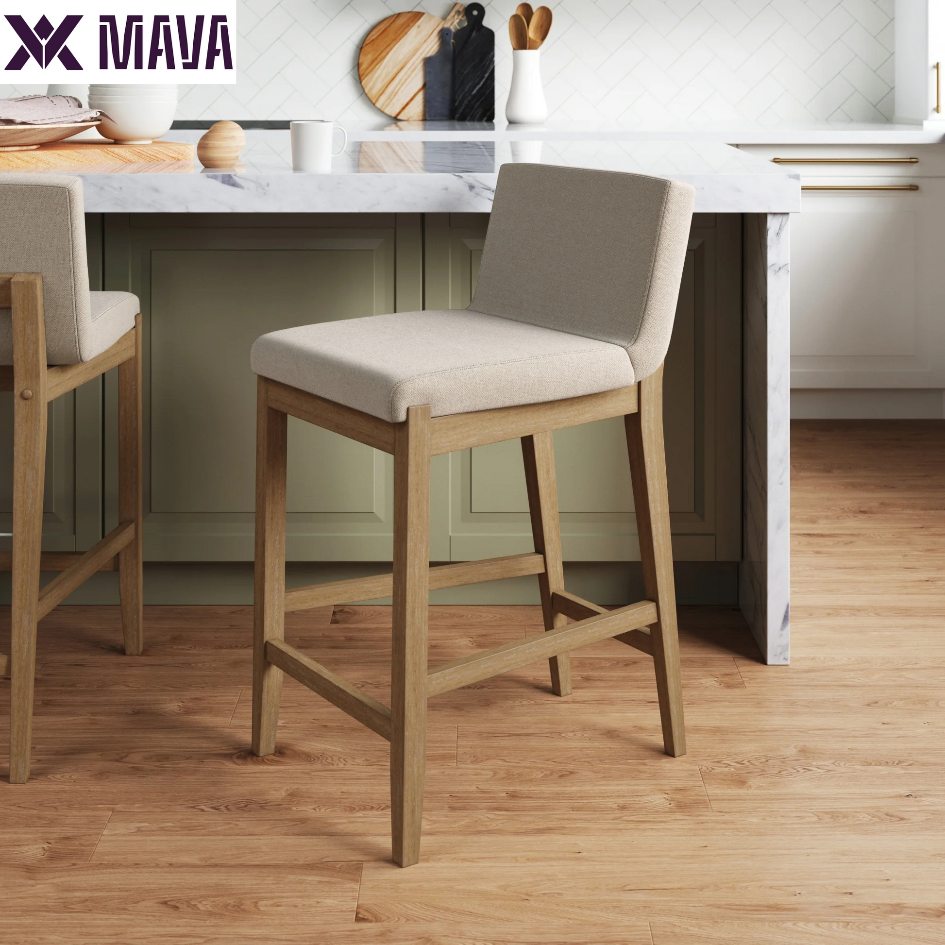 MAVA Modern Counter Height Bar Stool with Back, Counter Stool Upholstered Chair with Natural Flax White Fabric and Brushed Wooden Legs