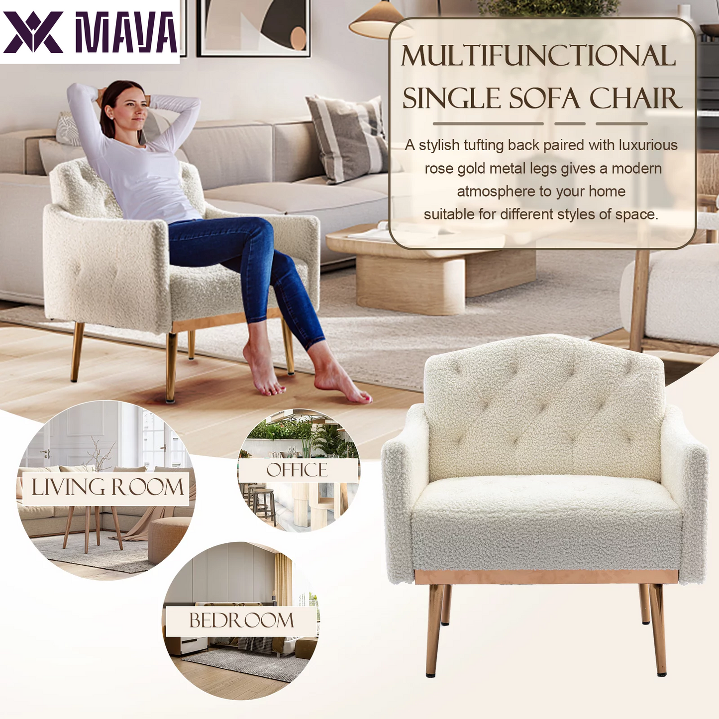 MAVA Modern Accent Chair, Upholstered Single Sofa Chair Sherpa Arm Chair for Living Room and Bedroom, Comfy Armchair with Metal Legs, White