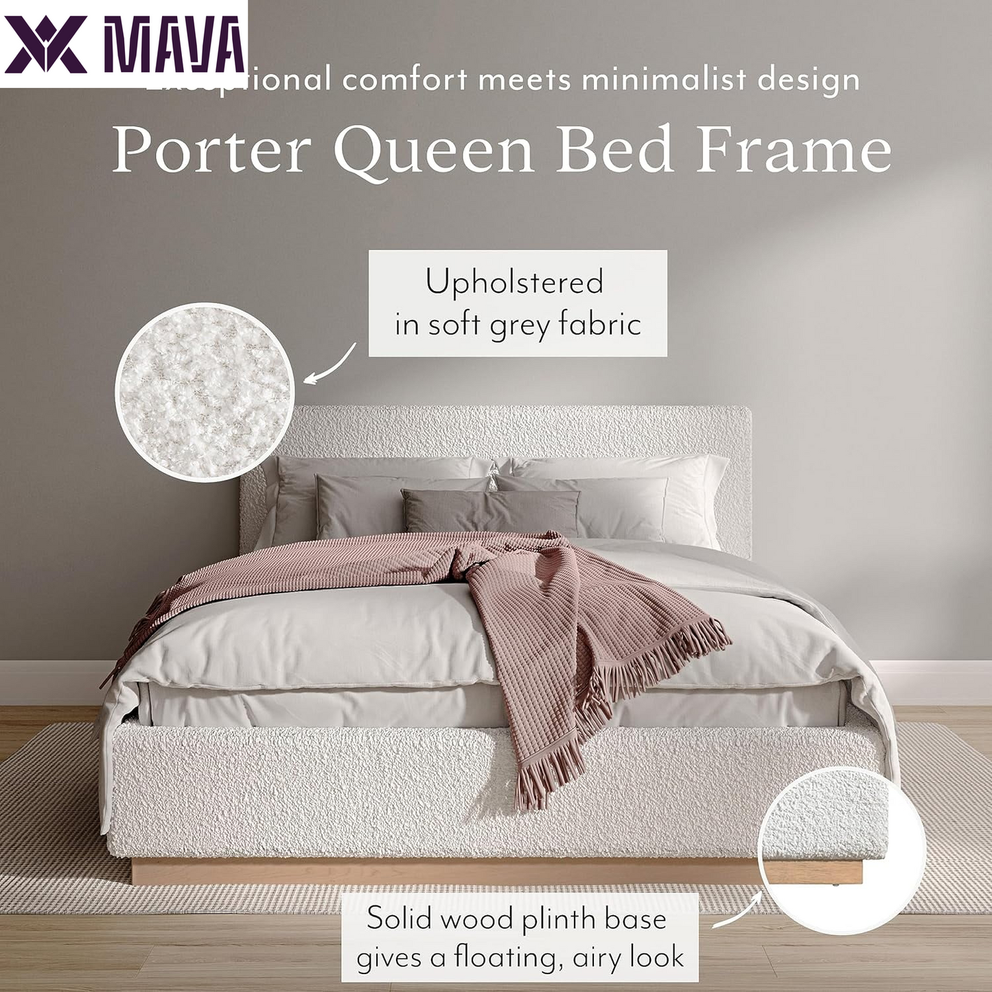 MAVA Porter Queen Boucle Platform Bed - No Box Spring Needed - Soft Fabric Upholstery - Natural Finish Base