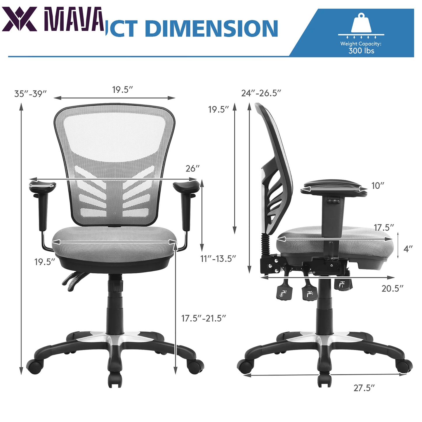 MAVA Mesh Office Chair 3-Paddle Computer Desk Chair W/ Adjustable Seat Grey