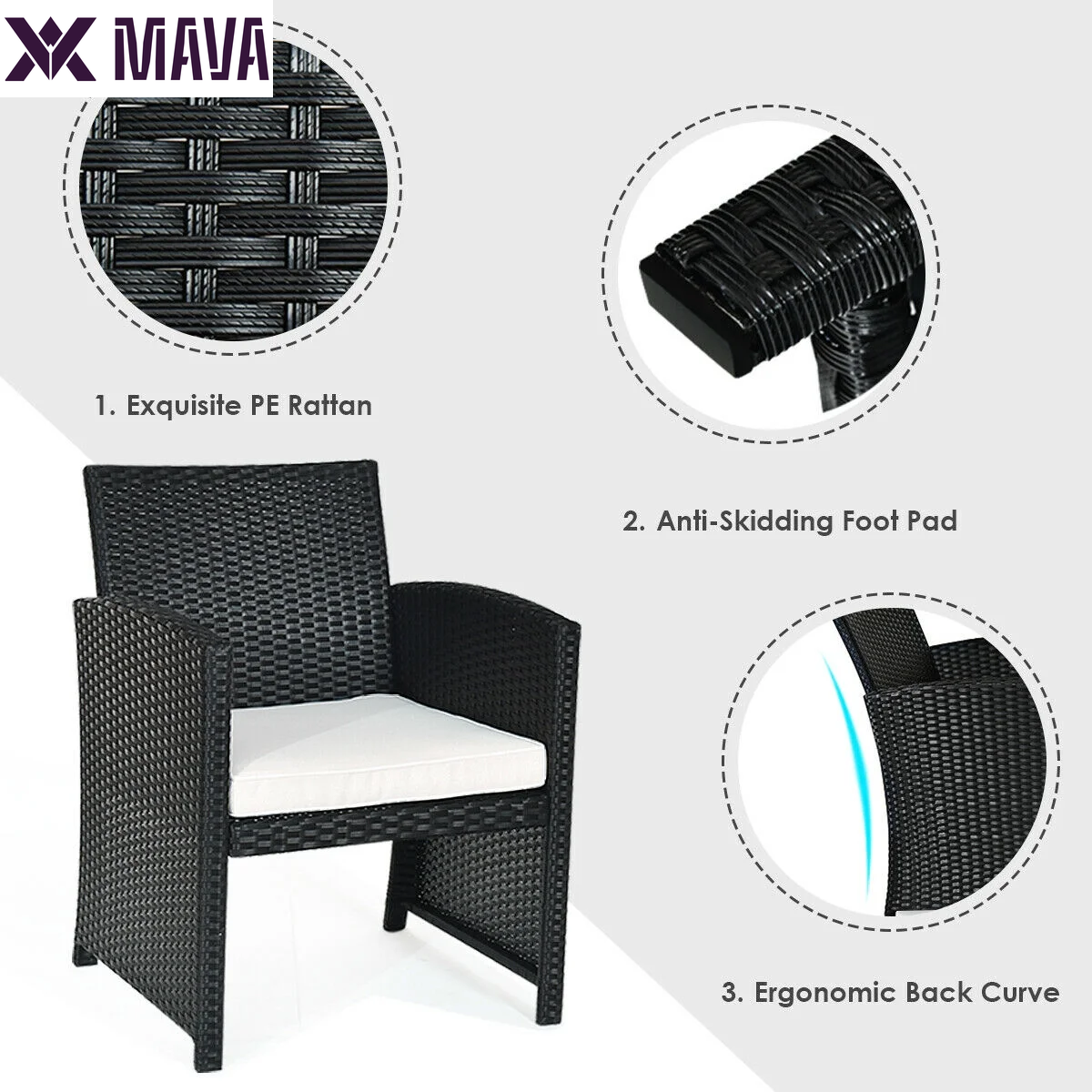 MAVA 4PCS Patio Rattan Furniture Conversation Set Cushioned Sofa Table Garden Black