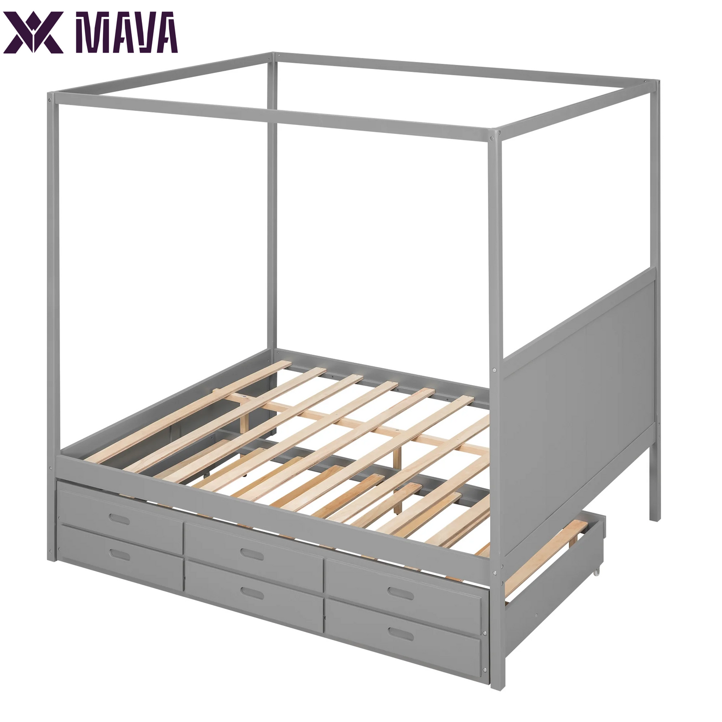 MAVA Queen Size Canopy Platform Bed with Trundle Bed and Drawers, Solid Wood Canopy Bed Frame with 3 Storage Drawers, Gray