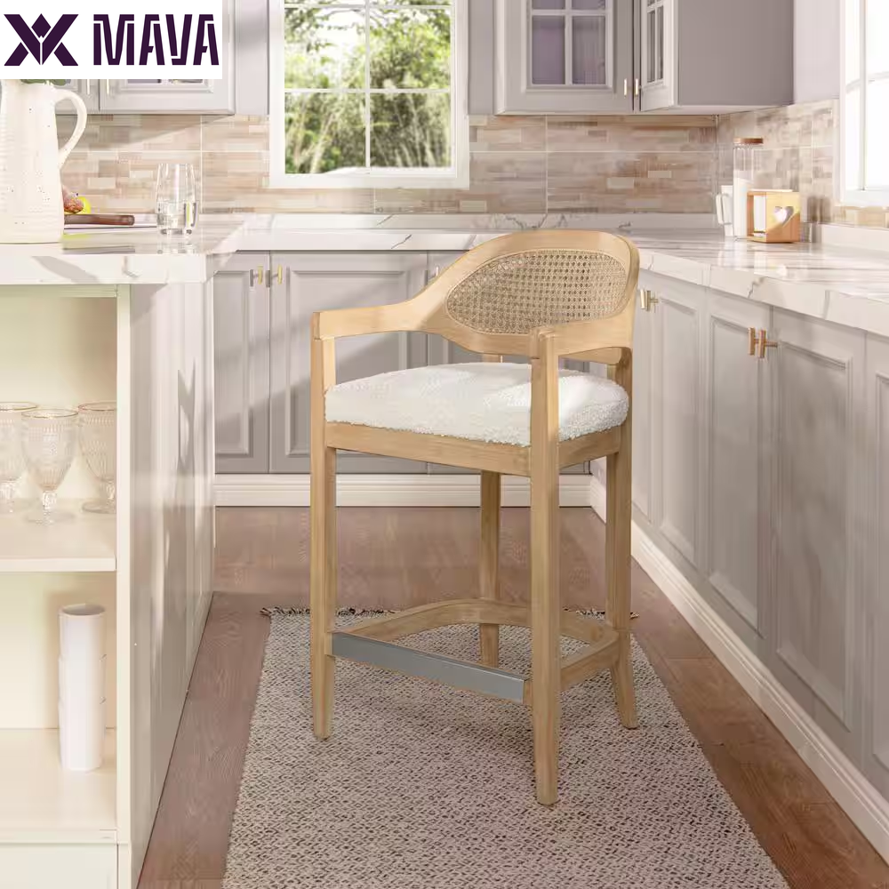 MAVA Americana 26 In. Mid-Century Modern Ivory White Cane Rattan Back Wood Frame Kitchen Counter Height Bar Stool