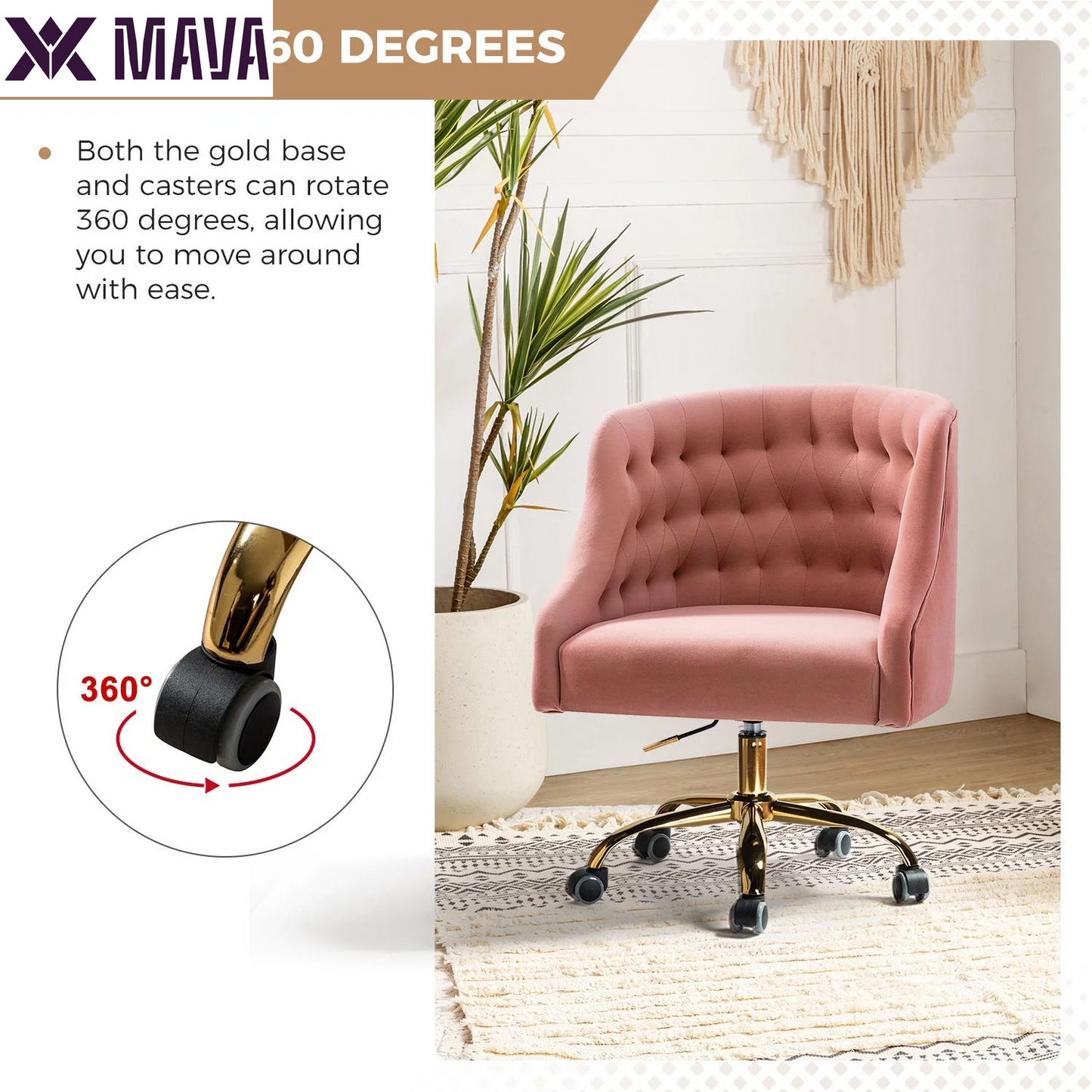 MAVA Modern Home Task Chair Swivel Rolling Computer Velvet Fabric Gold Legs Makeup Vanity Chairs Adult Pink