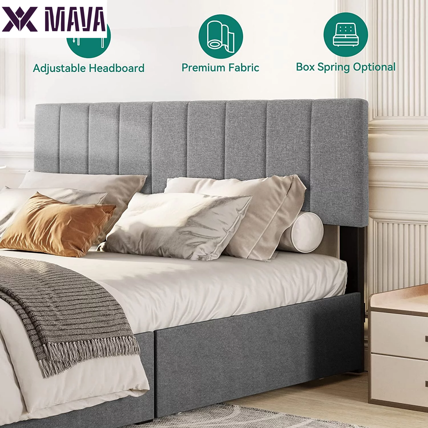 MAVA Upholstered Platform Bed Frame with 4 Storage Drawers and Adjustable Headboard, Mattress Foundation with Sturdy Wood Slat Support, No Box Spring Needed, Grey(Queen)