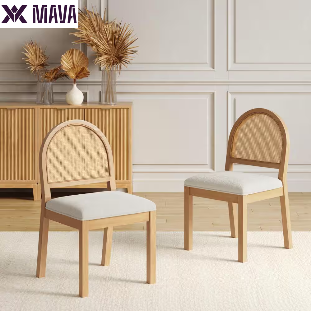 MAVA 19 In. Light Brown Natural Woven Rattan Back and Solid Wood, Legs Dining Chair with Padded Seat