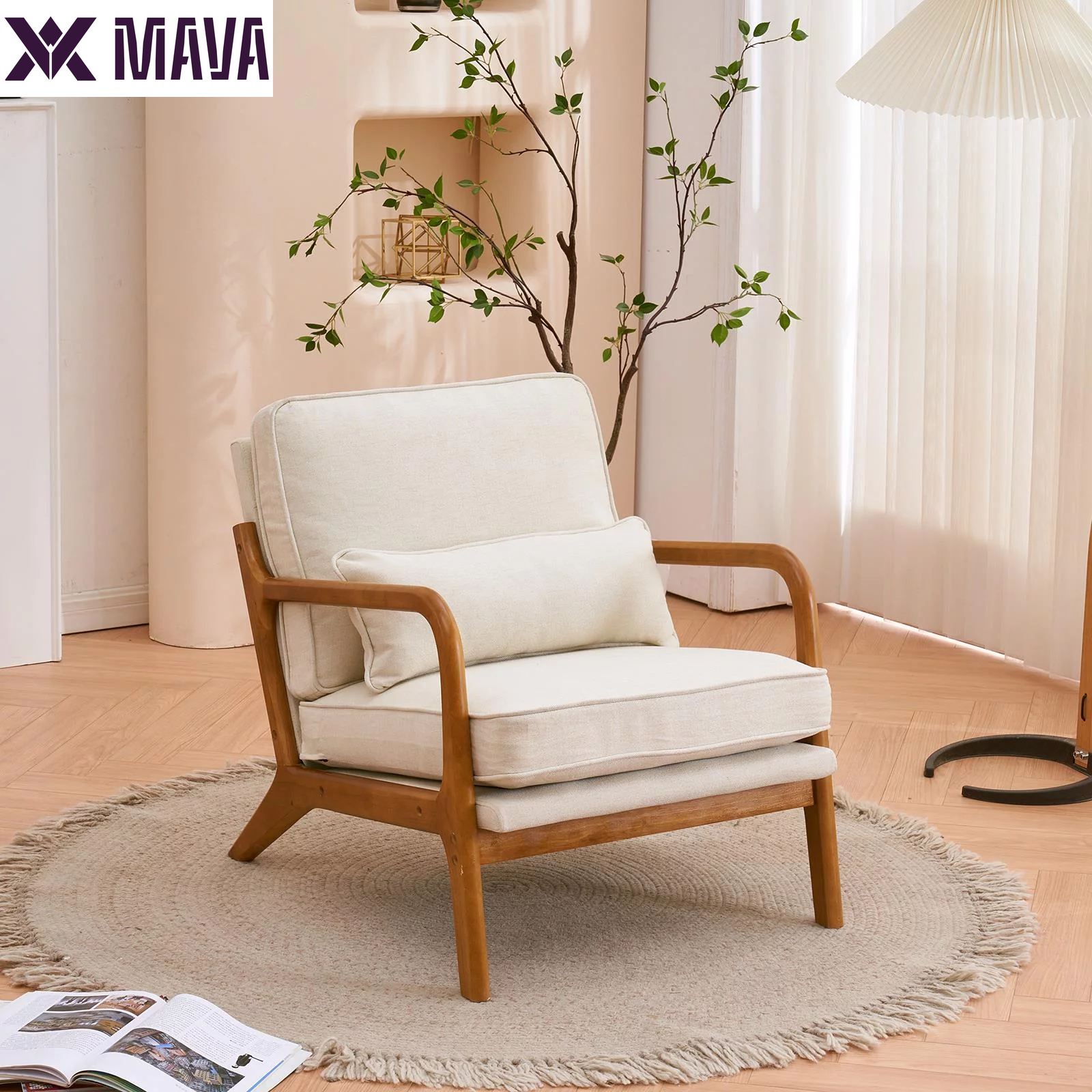 MAVA Modern Arm Chair Linen Fabric Upholstered Comfy Reading Accent Chair with Solid Wood Frame Beige