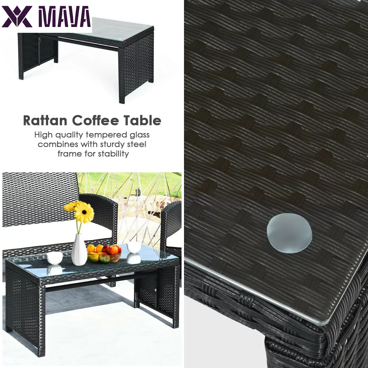 MAVA 4PCS Patio Rattan Furniture Conversation Set Cushioned Sofa Table Garden Black