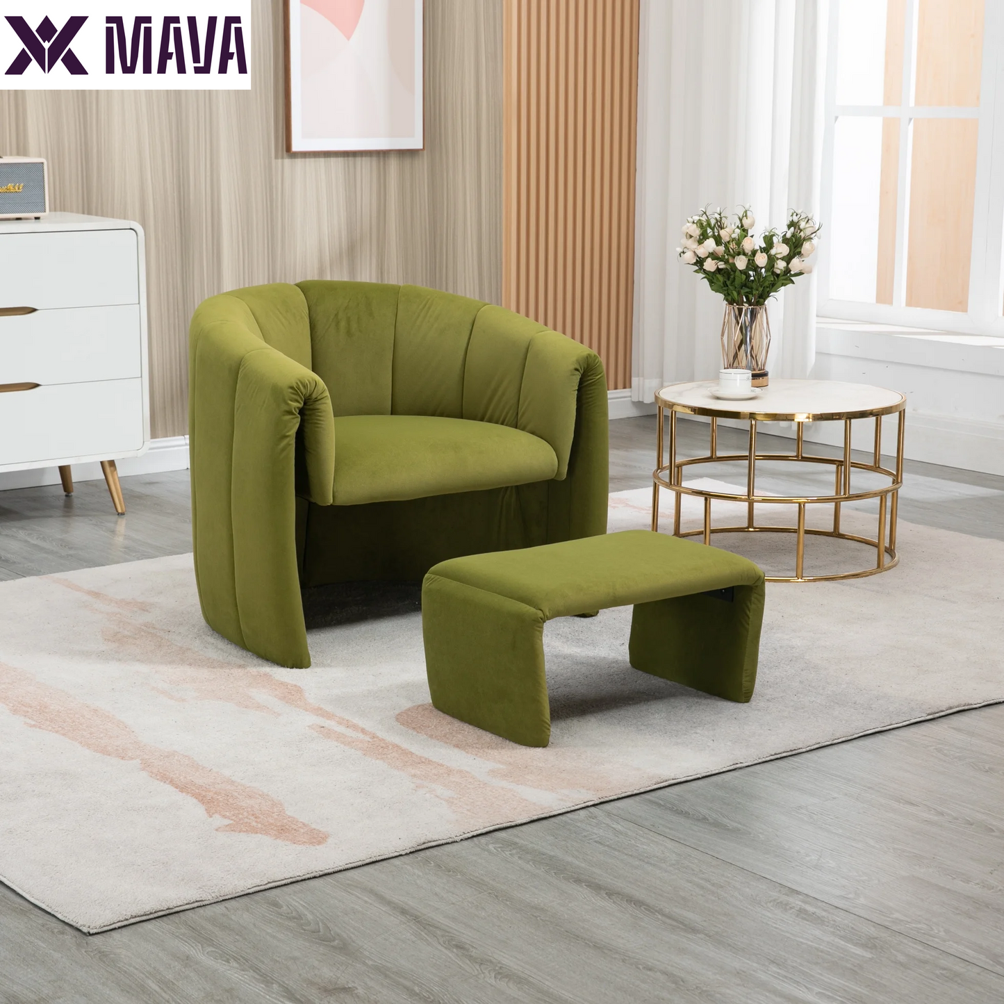 MAVA Modern Velvet Accent Chair with Ottoman, Upholstered Armchair with Wooden Frame