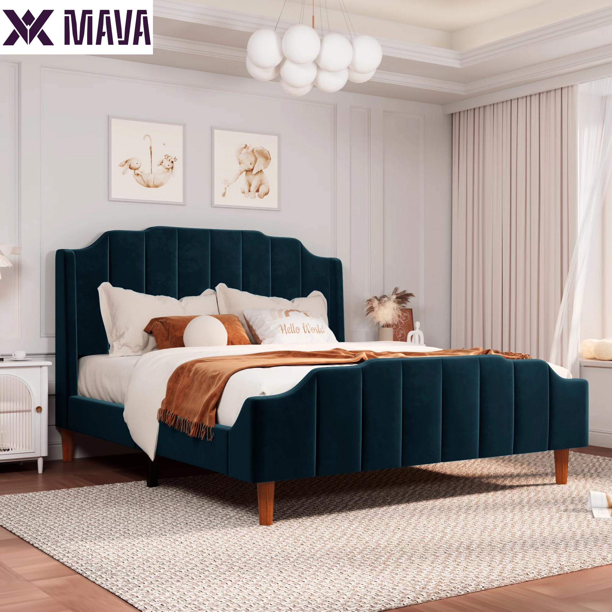 MAVA Queen Size Velvet Platform Bed with Modern Curved Upholstered Headboard and Footboard, Green