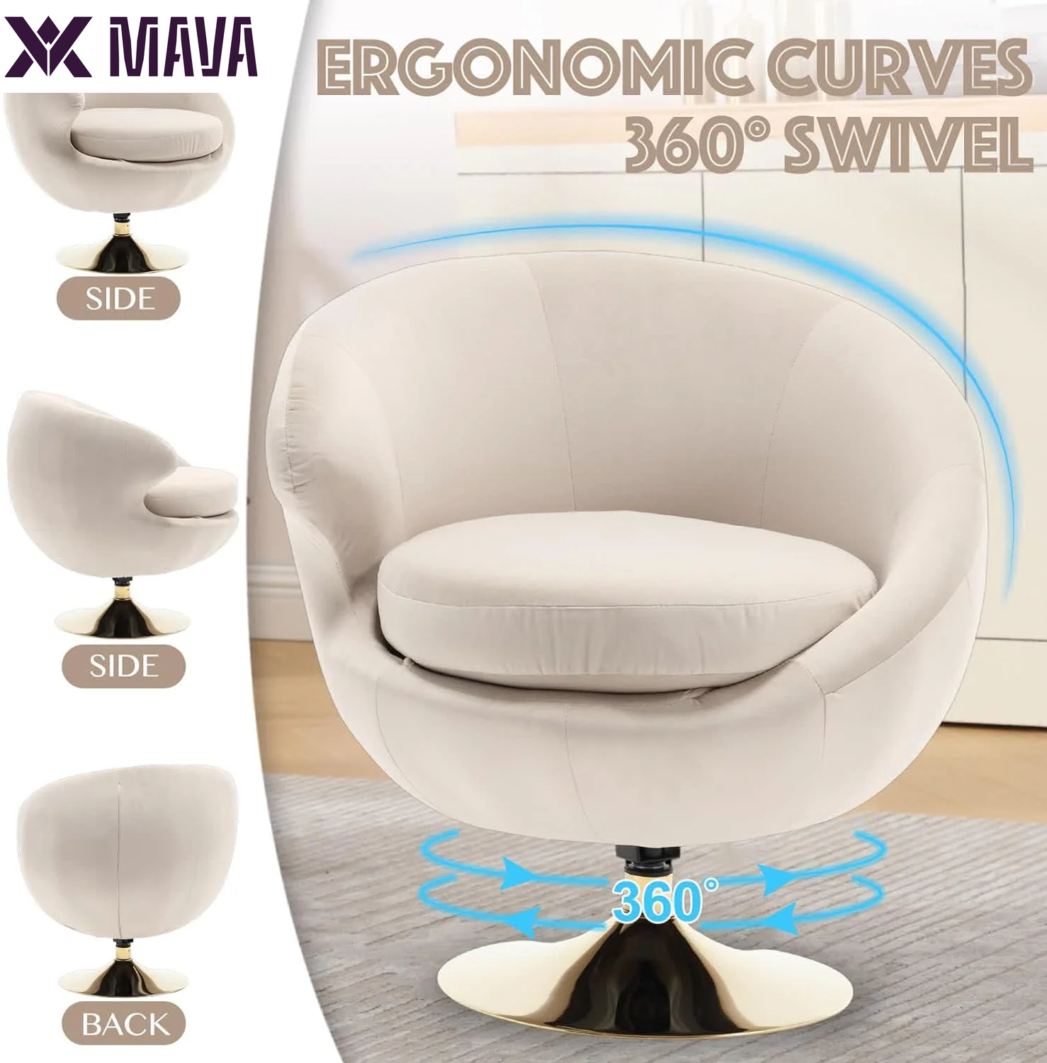 MAVA Modern round Swivel Chair, Green Velvet Accent Chair, 360 Swivel Cuddle Barrel Chair, Gold Base