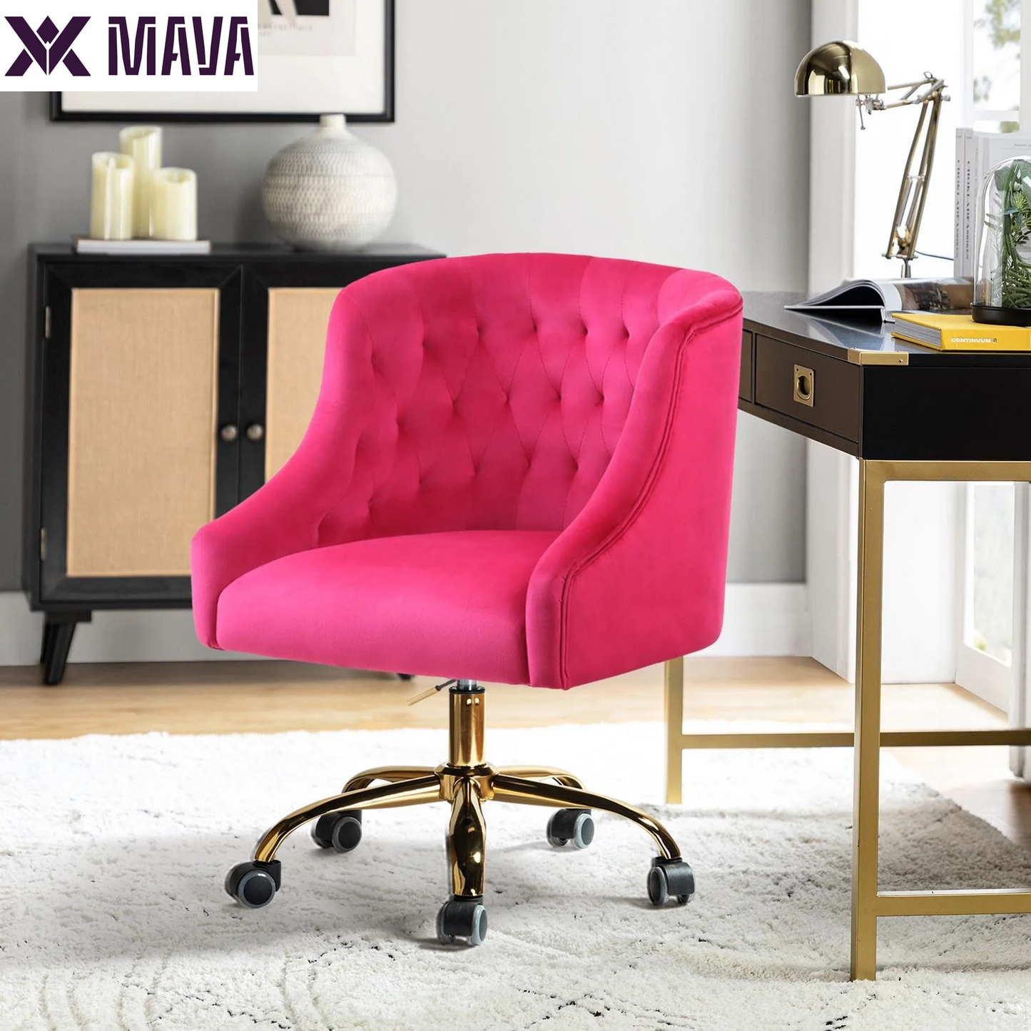 MAVA Modern Home Task Chair Swivel Rolling Computer Velvet Fabric Gold Legs Makeup Vanity Chairs Adult Pink