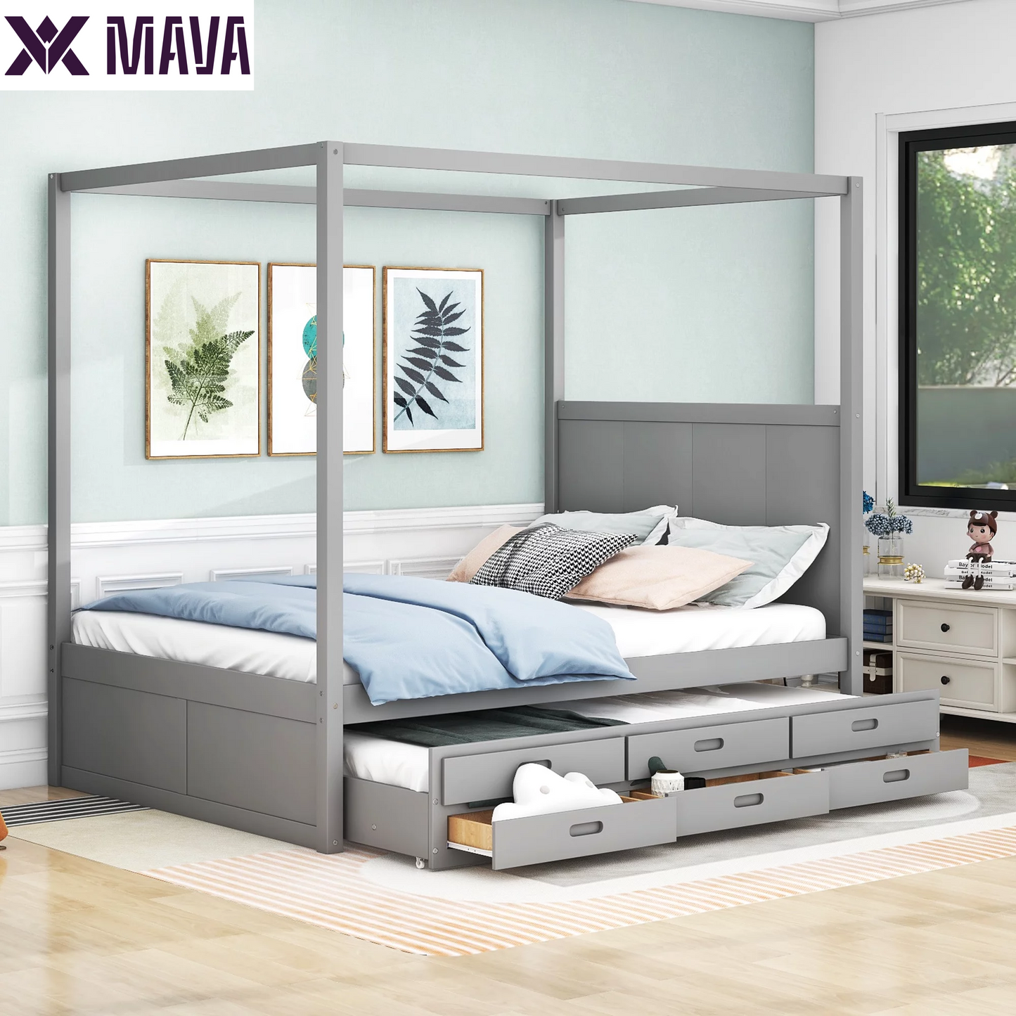 MAVA Queen Size Canopy Platform Bed with Trundle Bed and Drawers, Solid Wood Canopy Bed Frame with 3 Storage Drawers, Gray