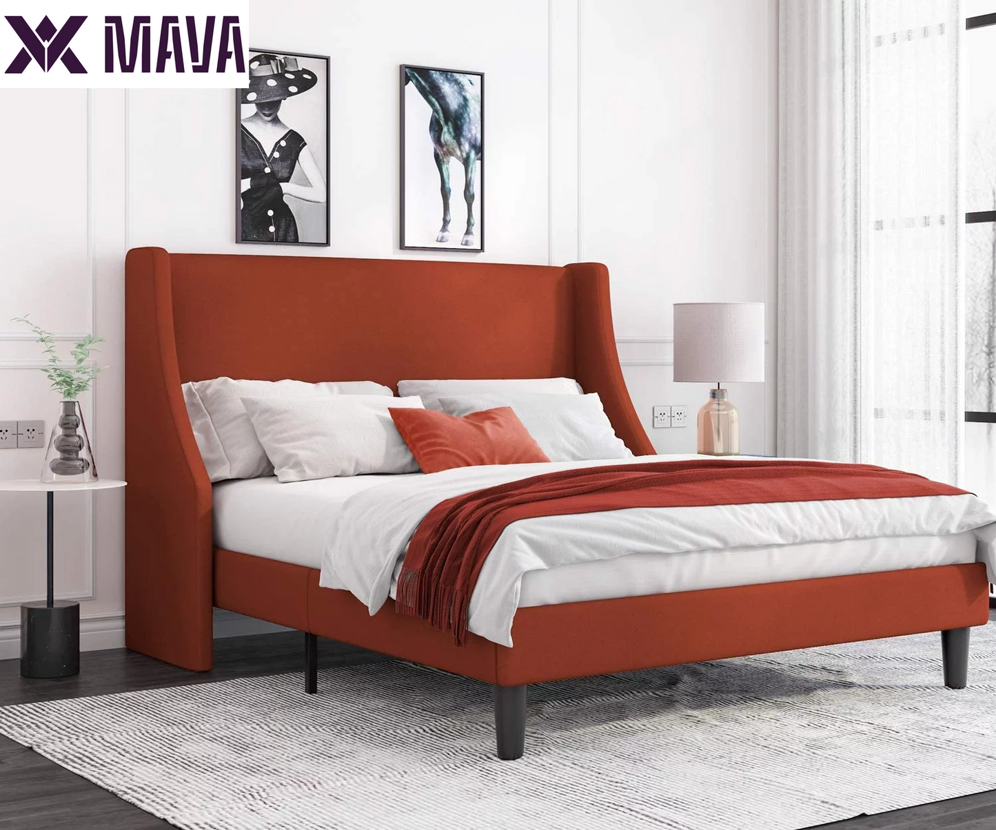 MAVA Queen Size Fabric Upholstered Platform Bed Frame with Wingback Headboard, Light Grey