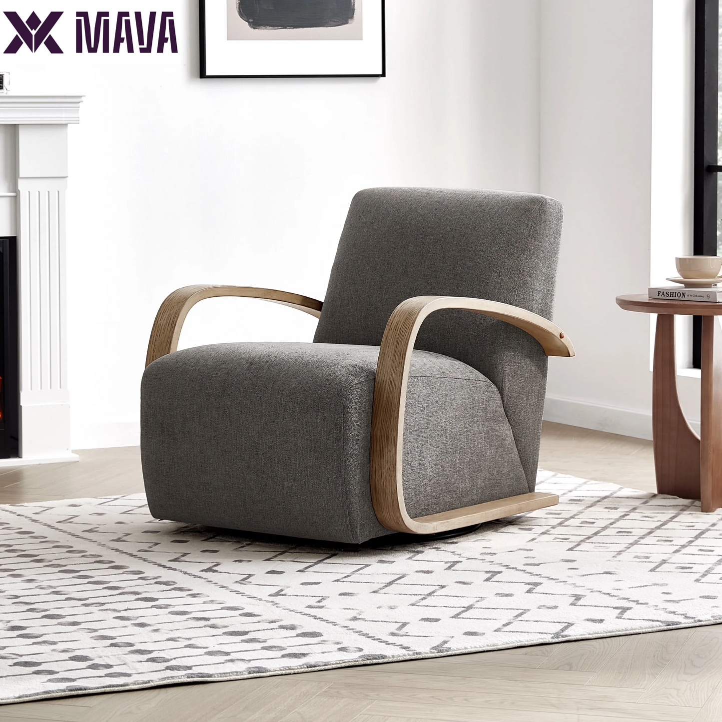 MAVA Swivel Accent Chair with U-Shaped Wood Arm for Living Room Beedroom, Linen & Gray Wood