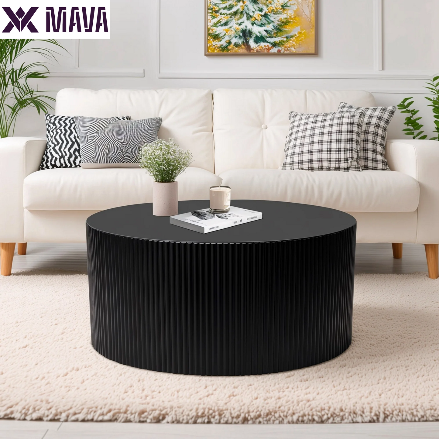 MAVA Coffee Table Set of 2, Modern Drum Side Table End Table, Wave Stripe round Coffee Table for Living Room, Bedroom, Black