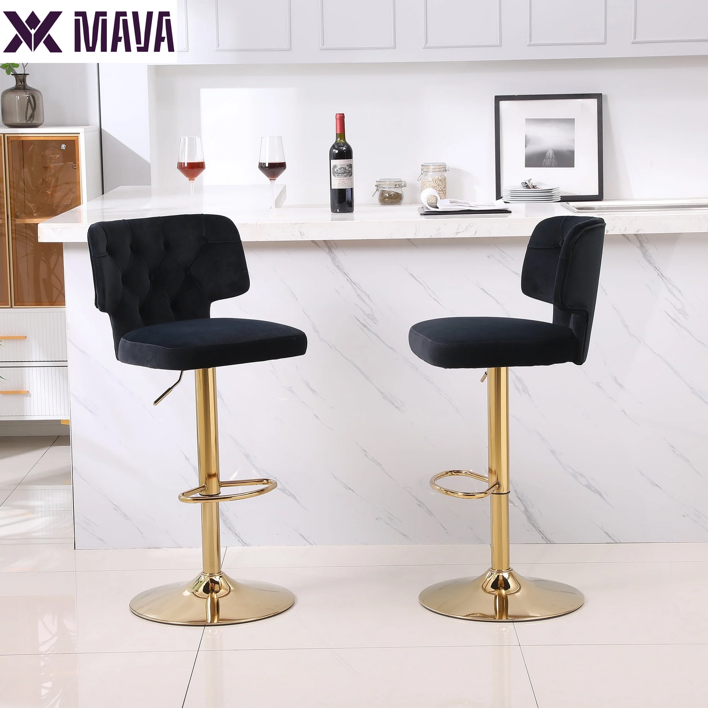 MAVA round Bar Stools Set of 2 with Footrest, Counter Stools for Bar Bistro Dining Room Kitchen, White