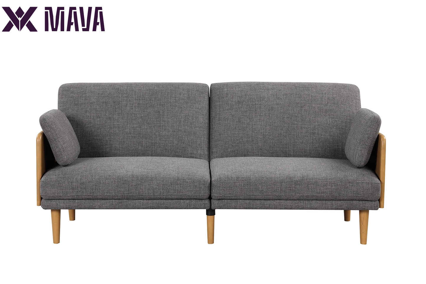 MAVA 73" Reading Futon, Natural Rubber Wood Legs & Arms, Grey Linen Fabric