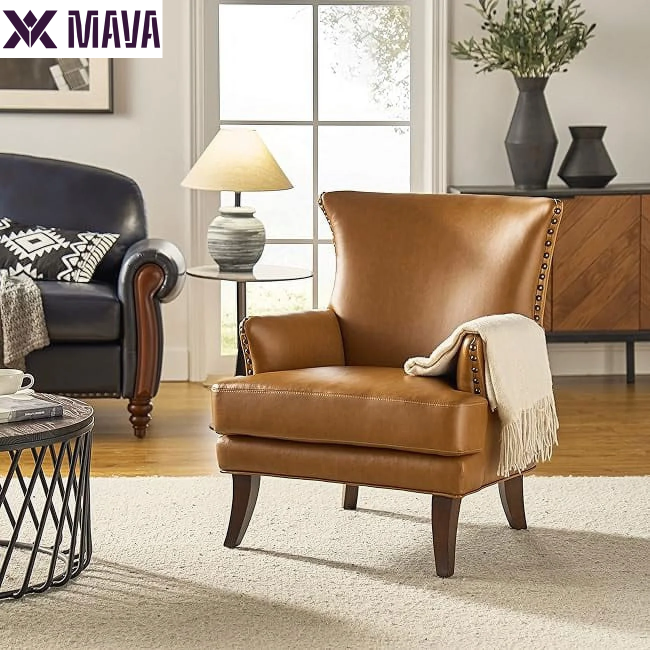 MAVA Vegan Leather Accent Chair Wingback Tight Back Nailhead Trim Wood Legs Lounge Armchair Sofa Home Living Room Adult Brown