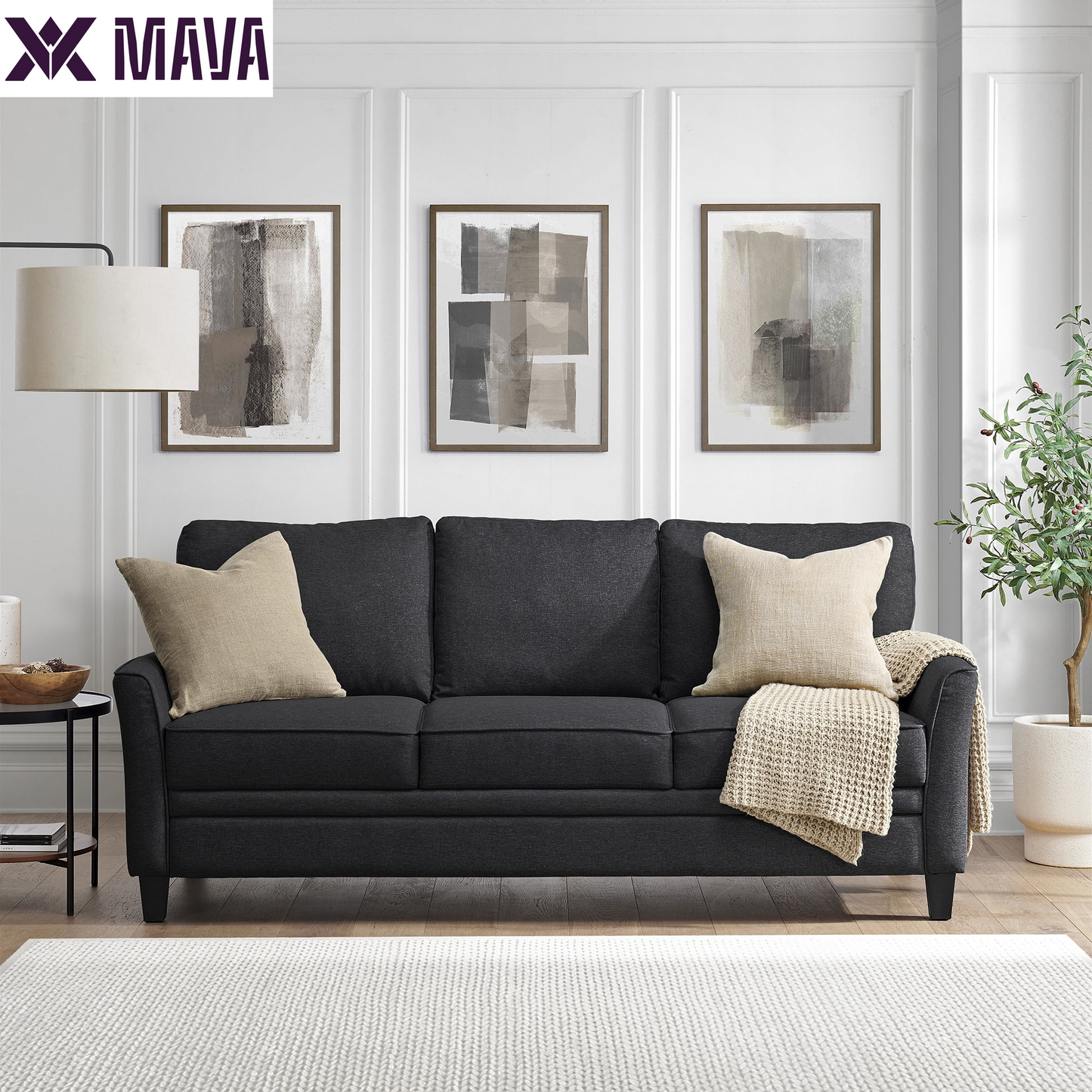 MAVA 3 Seat Classic Modern Sofa, Black