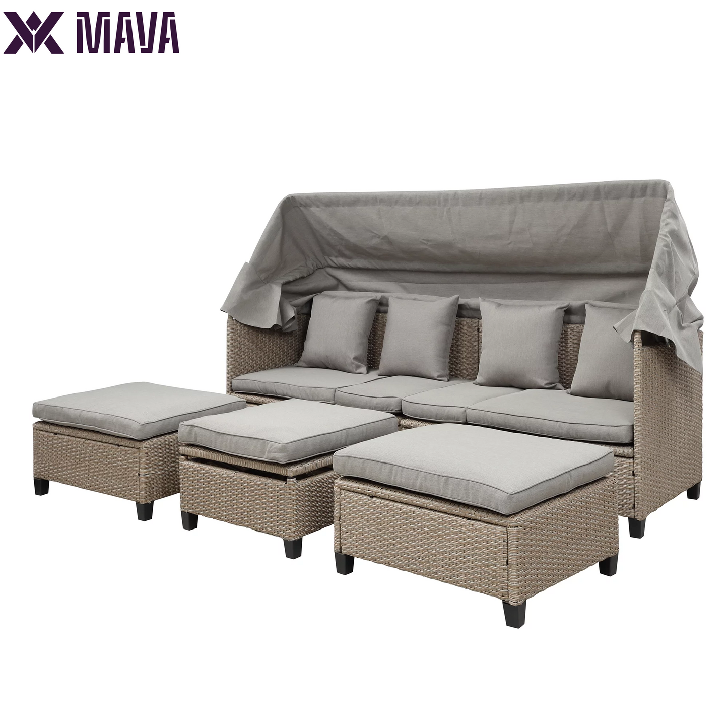 MAVA 4PCS Rattan Sectional Sofa Set Rattan Daybed,Outdoor Conversation Set,All-Weather Wicker with Retractable Canopy and Water Resistant Cushion,Furniture Couch Set for Patio,500Lbs per Seat