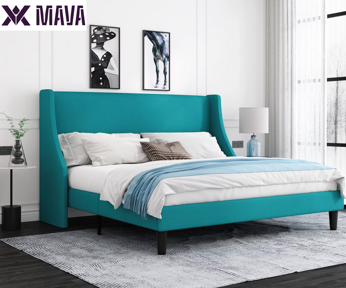 MAVA Queen Size Fabric Upholstered Platform Bed Frame with Wingback Headboard, Light Grey