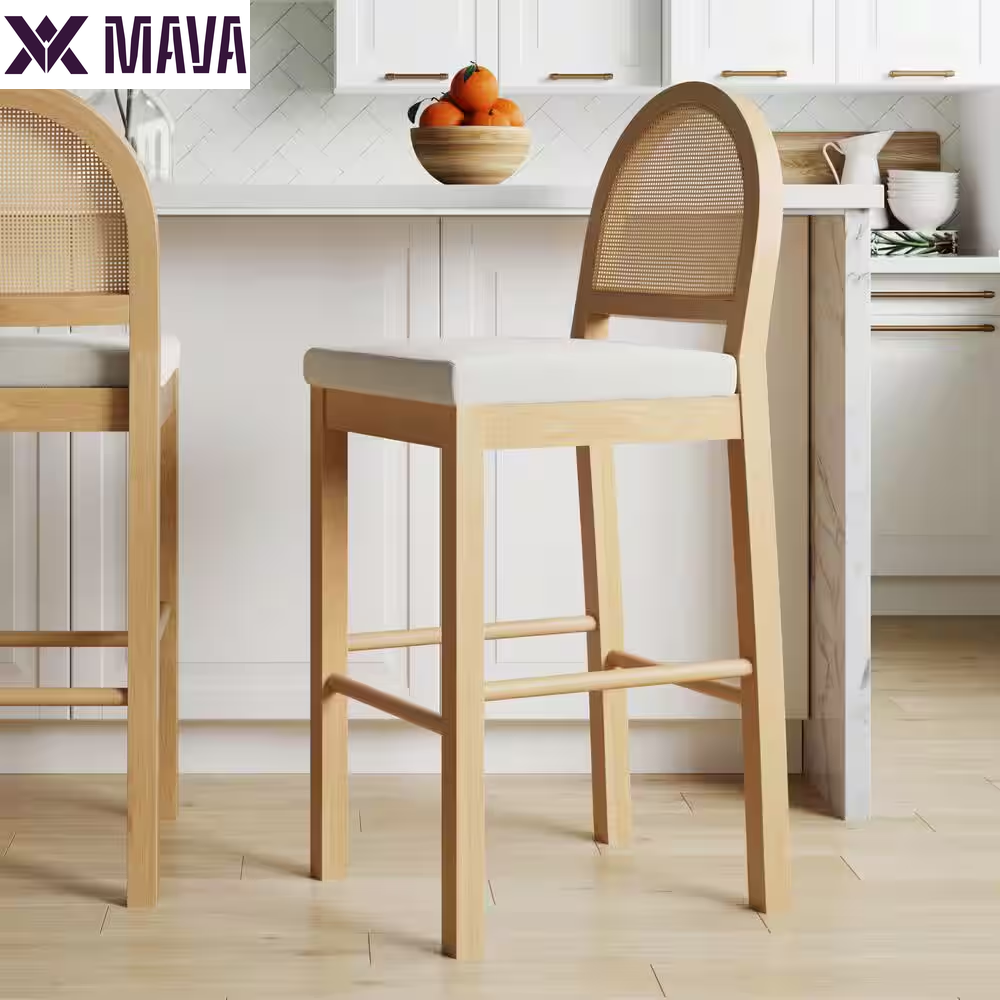 MAVA 19 In. Light Brown Natural Woven Rattan Back and Solid Wood, Legs Dining Chair with Padded Seat