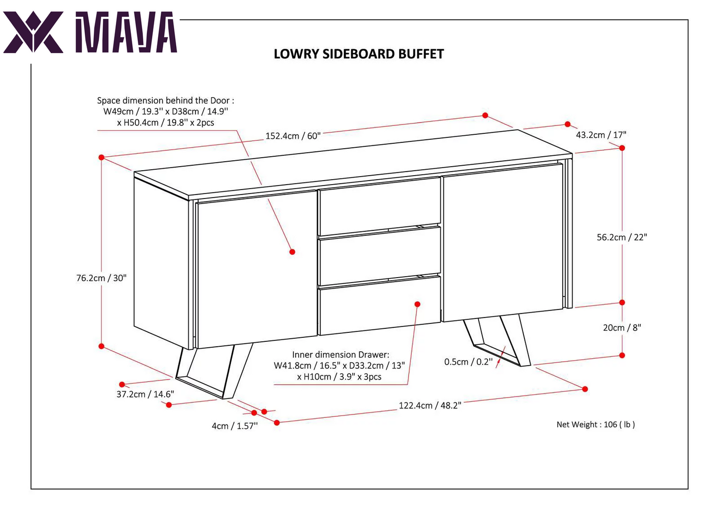 MAVA Solid Acacia Wood Sideboard Buffet in Gray