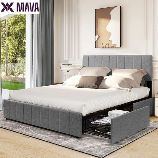 MAVA Upholstered Platform Bed Frame with 4 Storage Drawers and Adjustable Headboard, Mattress Foundation with Sturdy Wood Slat Support, No Box Spring Needed, Grey(Queen)