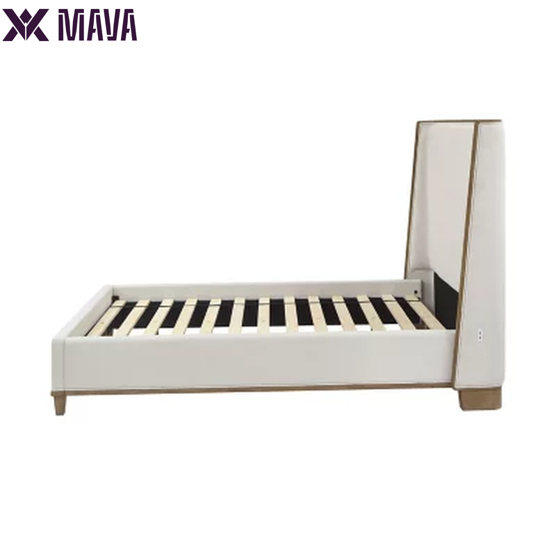 MAVA Beige Fabric Upholstery and Wood Queen Size Bed Frame