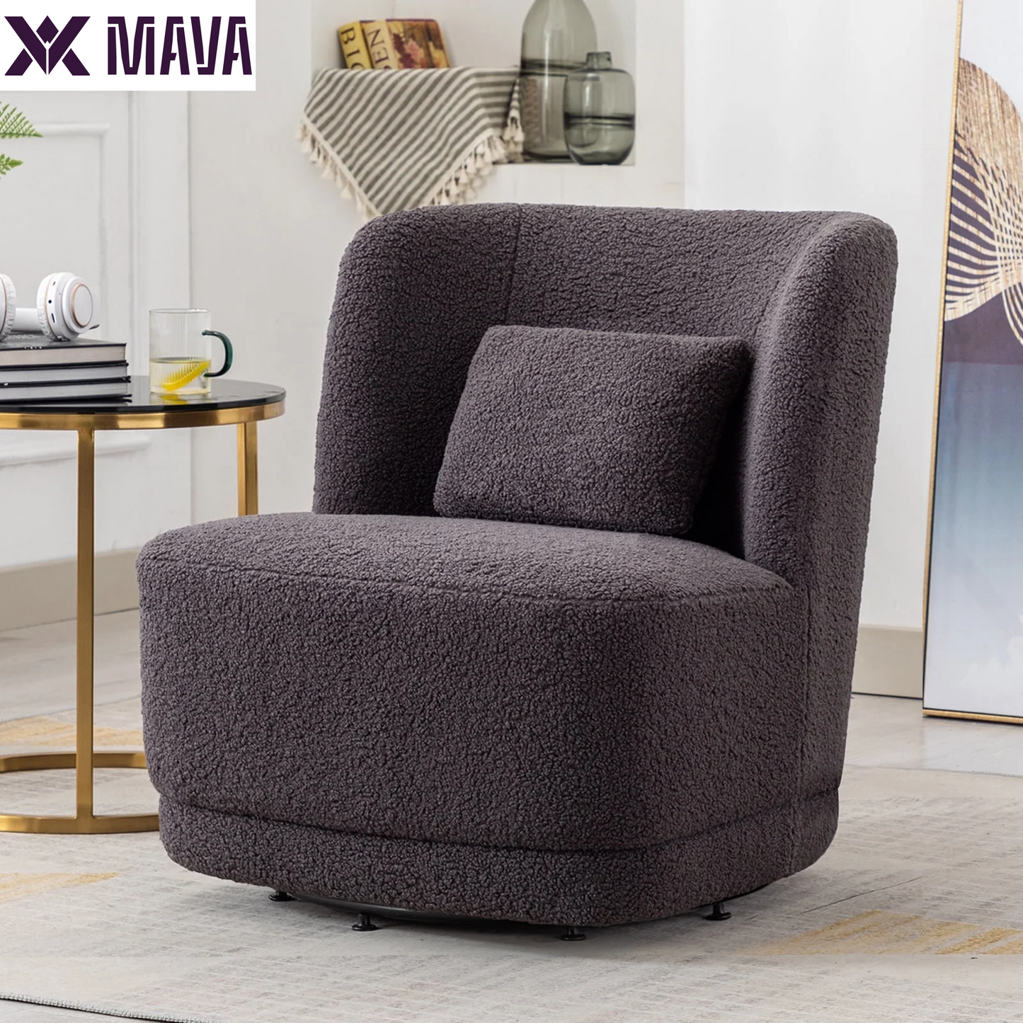 MAVA Swivel Accent Chair, Modern Teddy Fabric Upholstered 360°Swivel Barrel Chair Leisure Chair, Comfy Single Sofa Chair with Pillow, Reading Chair for Living Room Bedroom Office Lounge, White