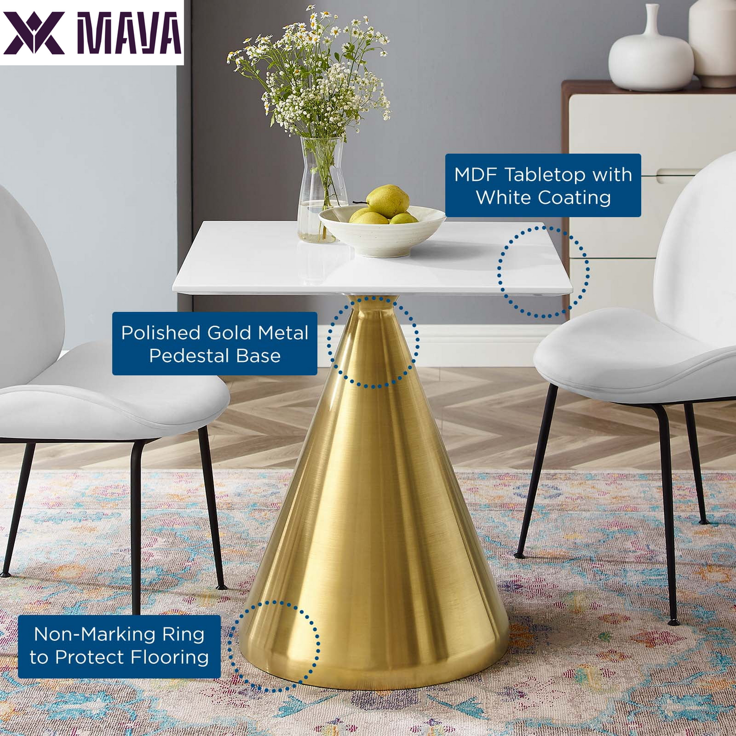 MAVA 28" Square Dining Table in Gold White