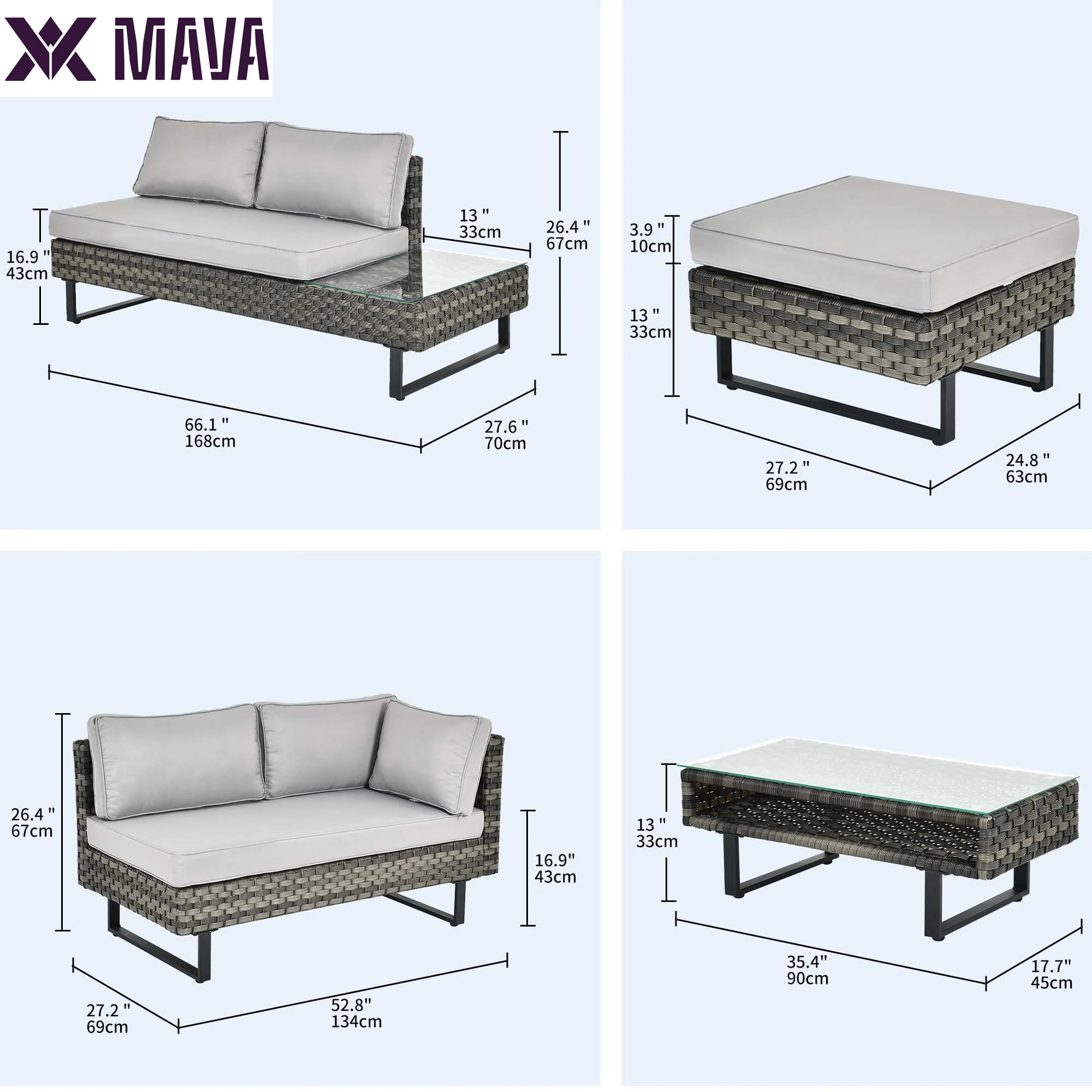 MAVA 4 Pieces Patio Furniture Set, All Weather Outdoor PE Rattan Sectional L-Shaped Wicker Conversation Sofa Chair with Coffee Table & Grey Cushions