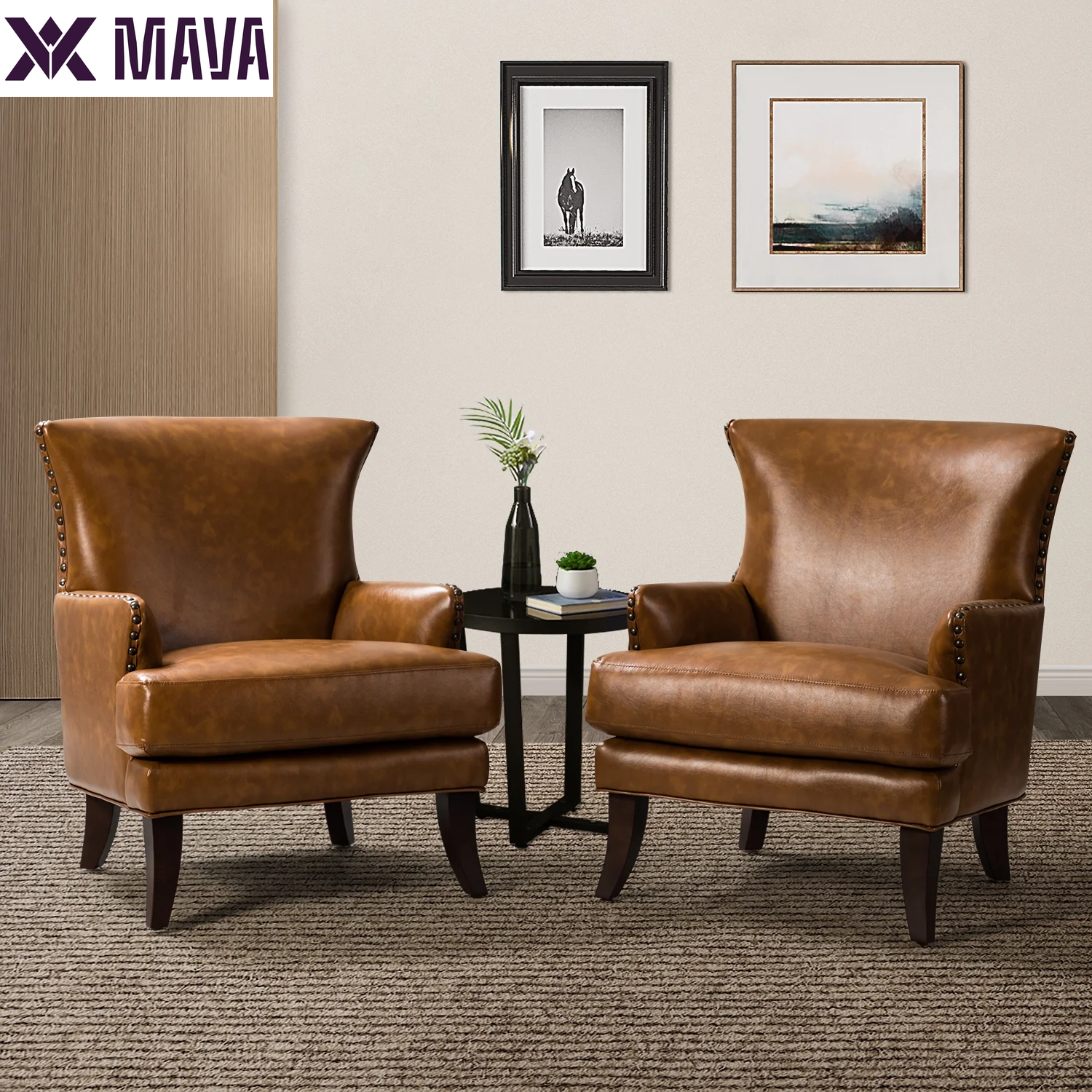 MAVA Vegan Leather Accent Chair Wingback Tight Back Nailhead Trim Wood Legs Lounge Armchair Sofa Home Living Room Adult Brown