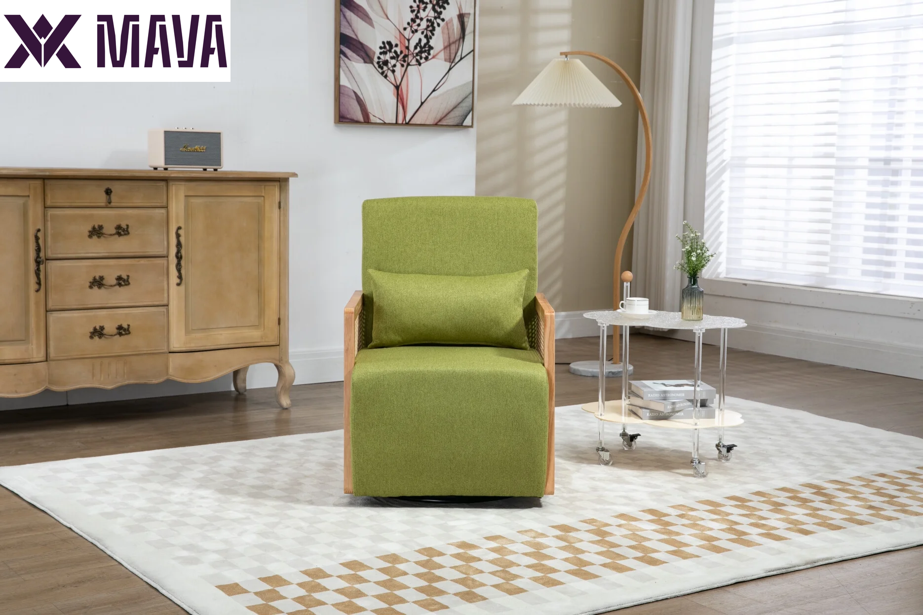 MAVA Swivel Barrel Chair, Modern Linen Accent Chair with Rattan Armrest, Upholstered Comfy Swivel Accent Chair