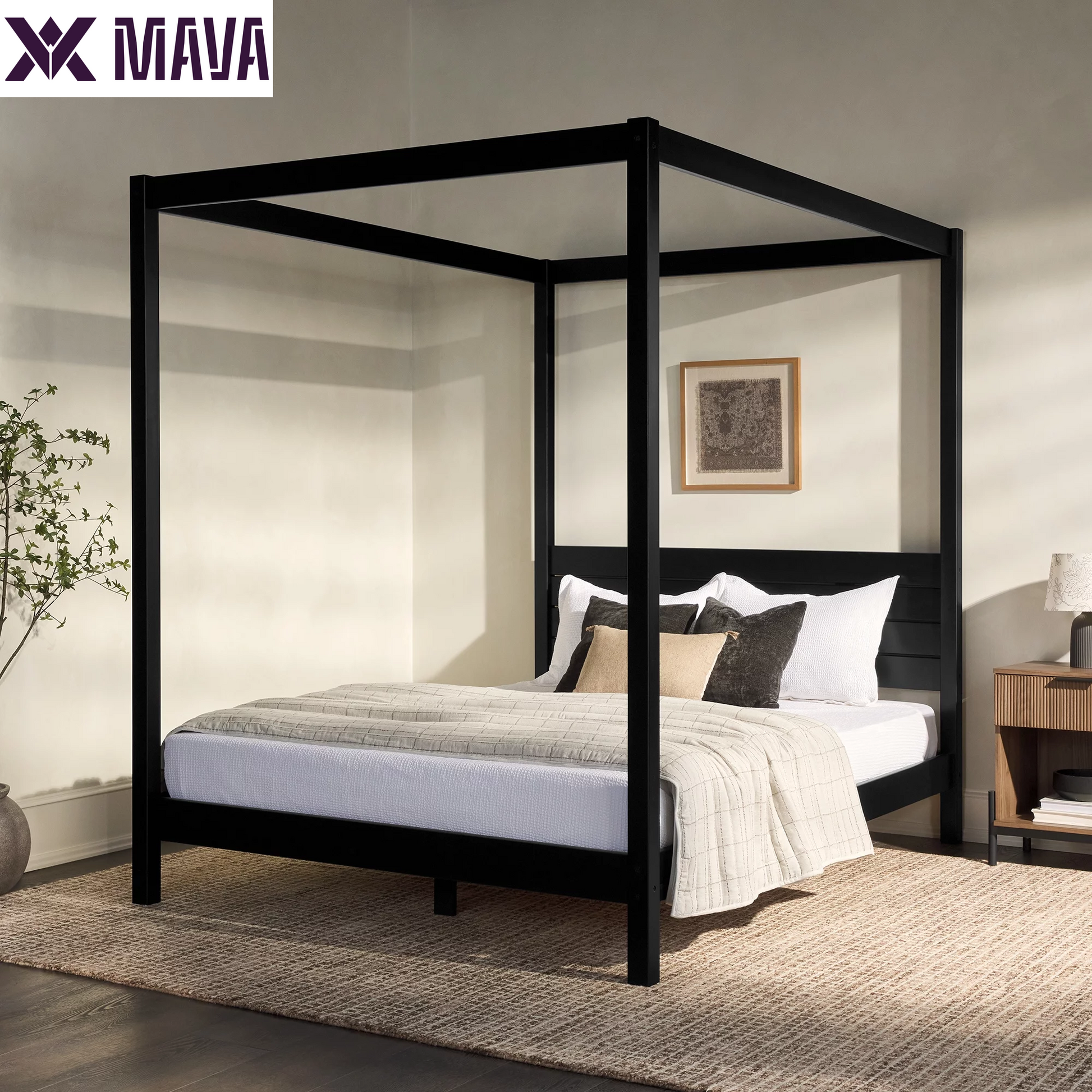 MAVA Minimalist Slatted Wood Queen Canopy Bedframe, Black