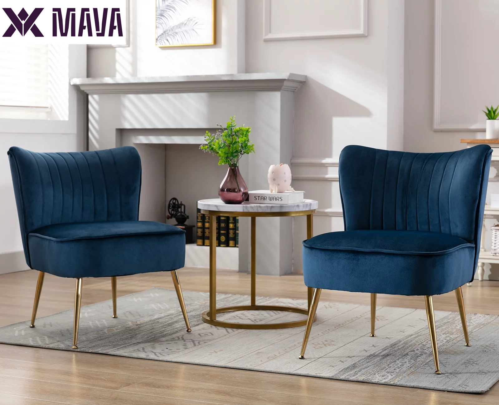 MAVA Modern Accent Chair Set of 2, Armless Slipper Chair Velvet Upholstered Lounge Chair, Wingback Large Single Sofa Side Chair with Gold Legs for Living Room Bedroom, Black