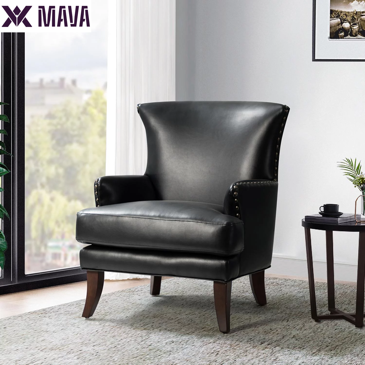 MAVA Vegan Leather Accent Chair Wingback Tight Back Nailhead Trim Wood Legs Lounge Armchair Sofa Home Living Room Adult Brown