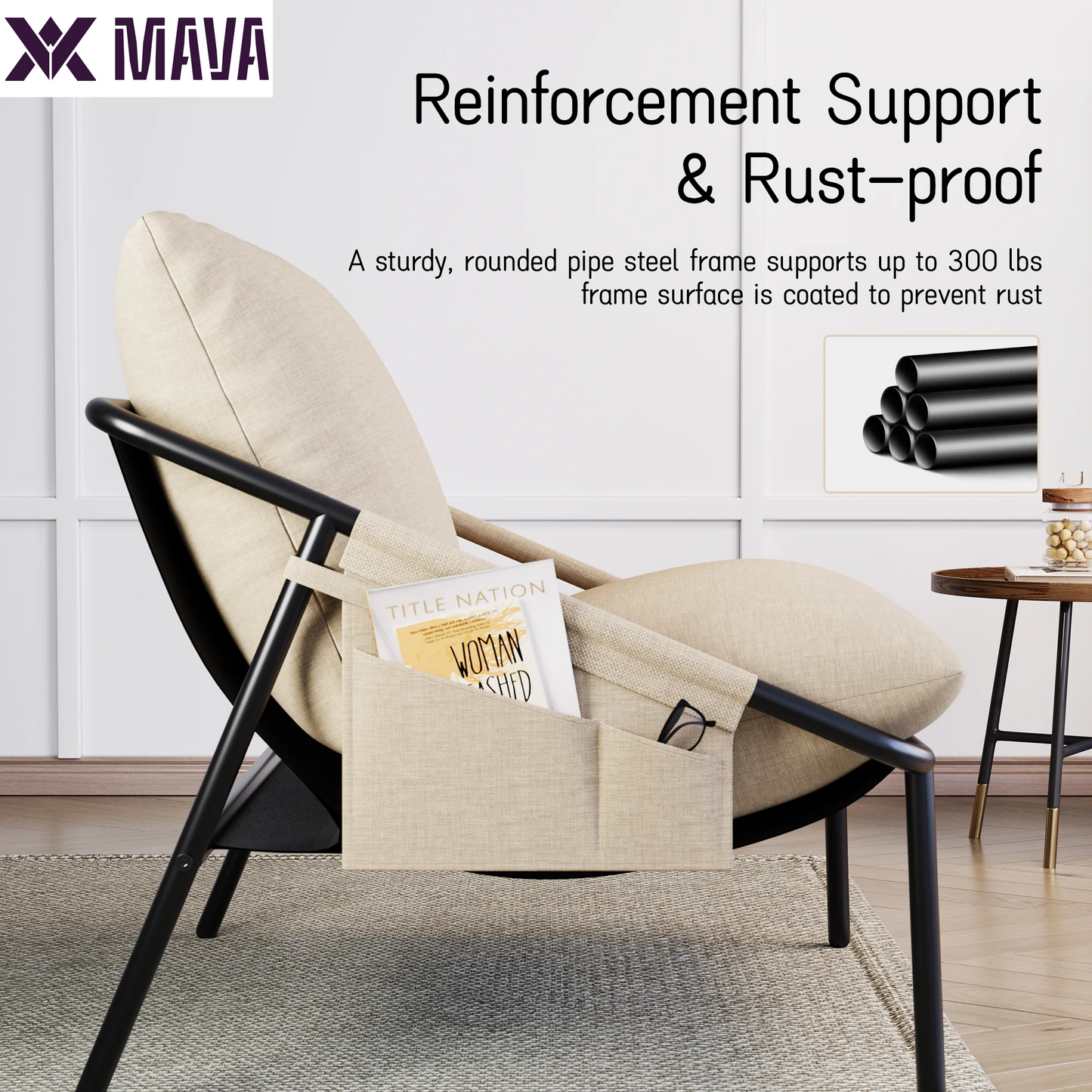 MAVA Accent Chair, Modern Comfy Metal Framed Armchair with Side Pockets, Mid-Century Lounge Chair for Living Room Bedroom Reception Room - Beige