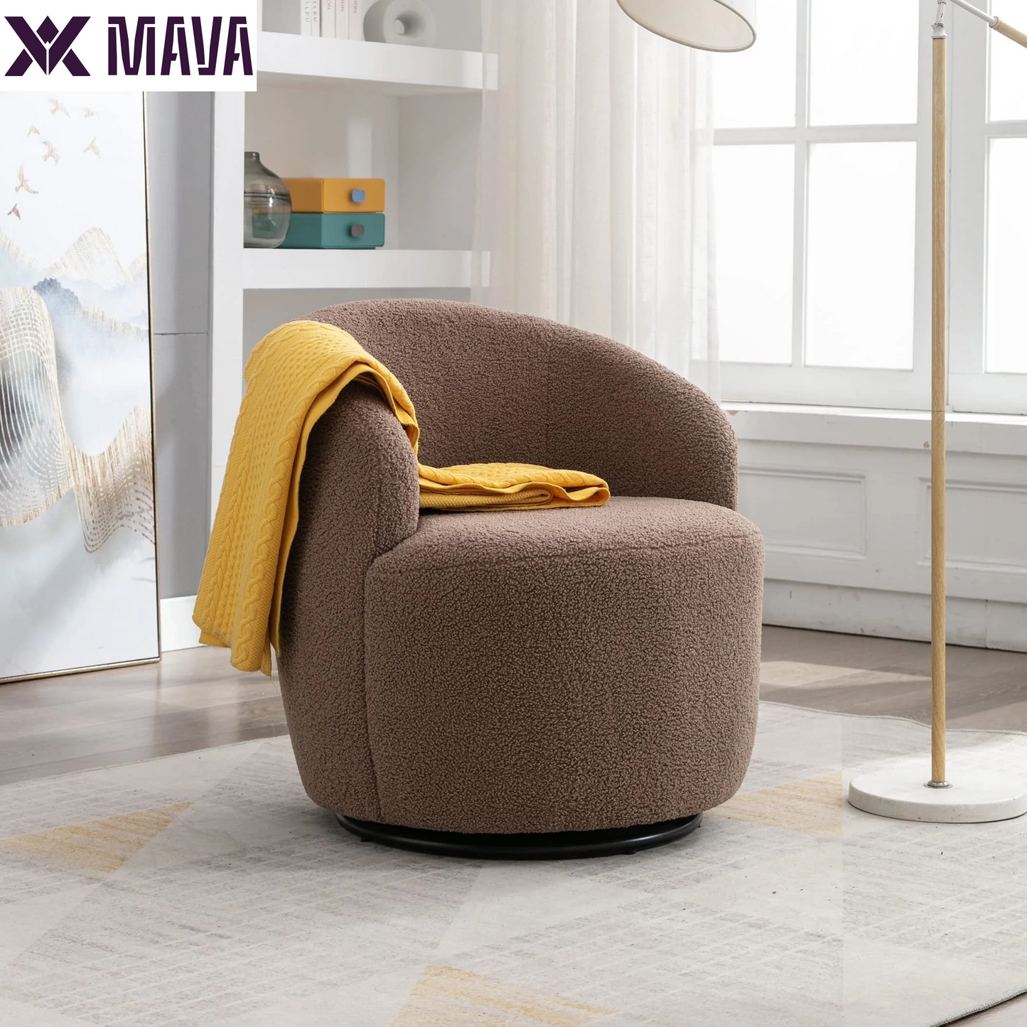 MAVA Swivel Barrel Chair Set of 2, Upholstered Boucle Swivel Accent Chair, Comfy Sherpa Swivel Lounge Chair, Modern 360 Swivel Arm Chair Reading Chair for Living Room Bedroom Club, Ivory Chenille