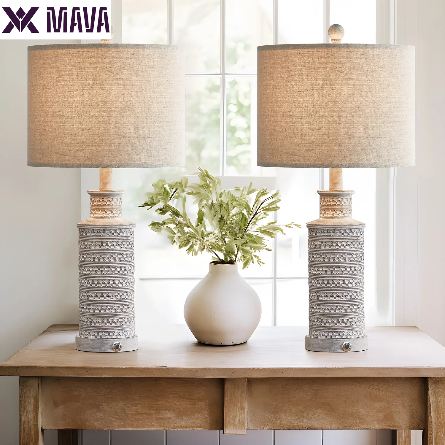 MAVA Dimmable Table Lamp Set of 2 with USB Ports for Bedroom Living Room 24.5"