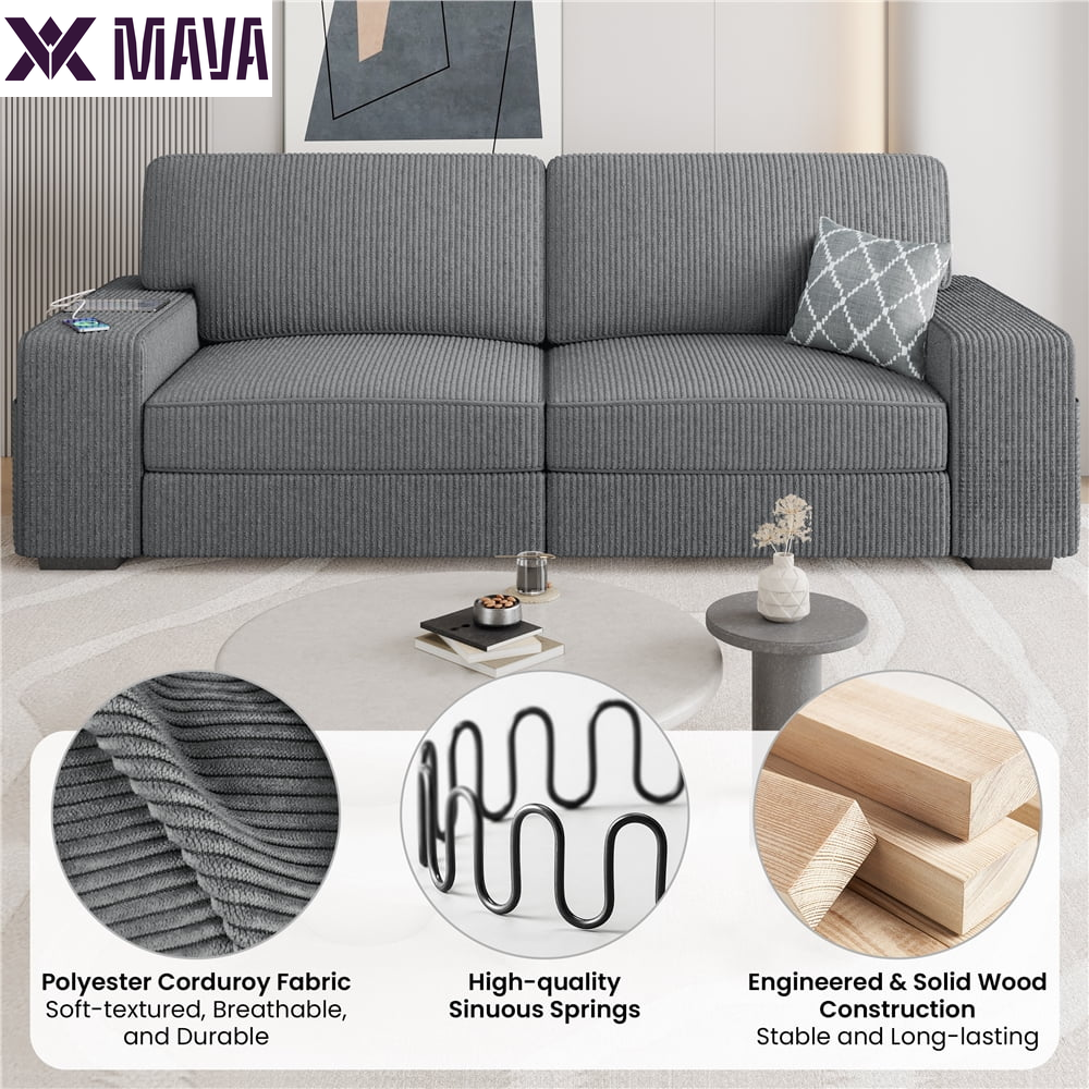 MAVA 2-Seater Sofa Couch with USB Charging Ports, Dark Gray